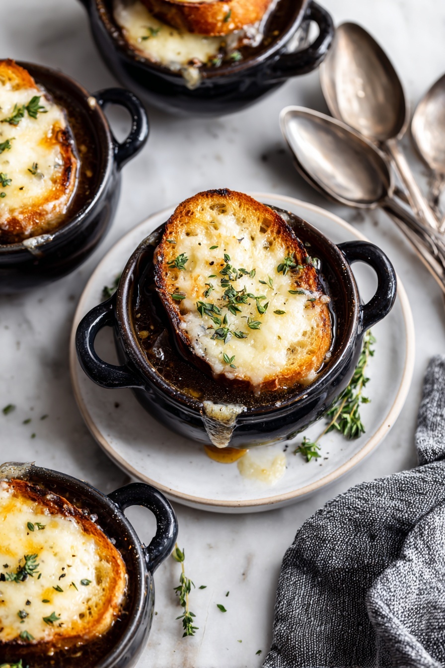Cheesy French Onion Soup with Baguette Recipe 8 This image shows four small black cast iron pots filled with dark brown soup, each topped with a slice of golden toasted bread covered in melted white cheese with little green herb leaves on top. One pot is placed on a simple white round plate with two small green herb sprigs beside it. The pots are arranged on a white marbled surface that also holds three silver spoons stacked together near a gray knitted cloth on the lower right side. The soup looks rich and warm with cheese slightly dripping over the edges of the pots, making the dish look very inviting photo taken with an iphone --ar 2:3 --v 7 - Cheesy French Onion Soup with Baguette, French onion soup recipe, cheesy onion soup, caramelized onion soup, homemade French onion soup