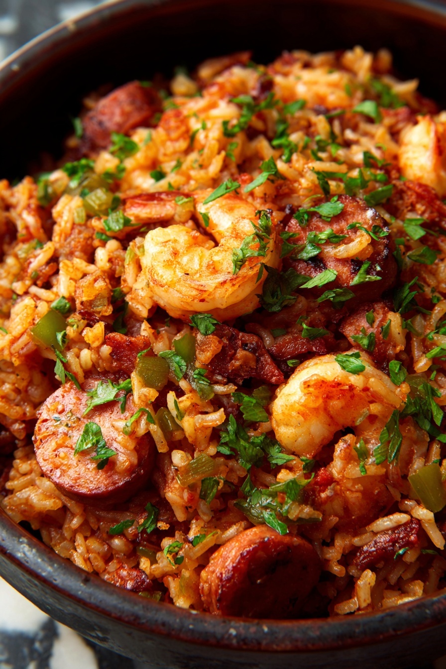 Slow Cooker Jambalaya with Shrimp and Sausage Recipe 8 A close-up view of a dish in a dark container filled with reddish-brown rice mixed with pieces of sausage, shrimp, and small chunks of light brown meat, all cooked in a thick tomato-based sauce. The dish has green bell pepper pieces and is topped with chopped fresh green herbs. The rice looks soft and mixed evenly with the other ingredients, creating a rich, textured appearance. The background is a white marbled texture. Photo taken with an iphone --ar 2:3 --v 7 - Slow Cooker Jambalaya with Shrimp and Sausage, Cajun Chicken and Shrimp Stew, Easy Shrimp and Sausage Crockpot, Southern Creole Jambalaya, Crockpot Seafood and Sausage Dish