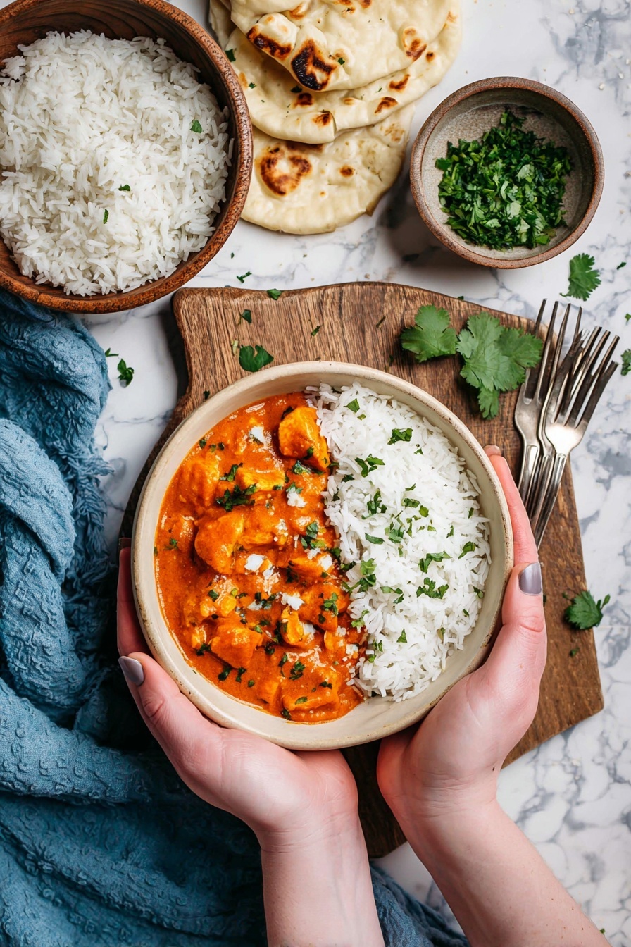 Eine runde beige Schüssel wird von den Händen einer Frau gehalten, gefüllt mit zwei nebeneinanderliegenden Schichten: links Orangencurry mit kleinen Hühnchenstücken und mit grünen Kräutern bestreut, rechts ein Haufen weißen Reis, belegt mit einigen grünen Kräuterstücken. Die Schale steht auf einem Holzbrett auf einer weißen MarbeLED-Textur mit einigen zerrissenen Stücken weißen Naanbrots an der Seite. In der Nähe steht eine braune Schale mit weißem Reis, eine kleine Schale mit gehackten grünen Kräutern und frischen Korianderblättern. Ein blaues Tuch und zwei Gabeln liegen unter dem Holzbrett. Foto aufgenommen mit einem iPhone --ar 2:3 --v 7 - Slow Cooker Chicken Tikka Masala, Chicken Tikka Masala, einfache indische Hähnchenrezepte, Make-Ahead Tikka Masala, gesundes Hähnchencurry