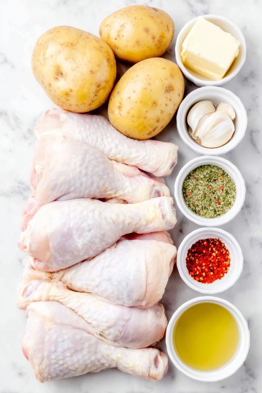 Baked Chicken Leg Meal with Vegetables Recipe 7 Flat lay of six whole skinless chicken drumsticks with smooth pale pink flesh, two large quartered russet potatoes with yellow-white flesh and light brown skin, three thick peeled carrot chunks with bright orange color, five plump whole garlic cloves with off-white papery skins, a small white ceramic bowl of melted butter with a glossy golden-yellow hue, a small white ceramic bowl filled with coarse ranch seasoning blend showing flecks of green, red paprika powder vividly red in a small white ceramic bowl, coarse black pepper and fine white salt artfully combined in a small white ceramic bowl, and two small white ceramic bowls containing clear golden chicken stock and pale translucent white wine placed side by side; all carefully arranged in perfect symmetry on a clean white marble surface, soft natural light, photo taken with an iPhone, professional food photography style, fresh ingredients, white ceramic bowls, no bottles, no duplicates, no utensils, no packaging --ar 2:3 --v 7 --p m7354615311229779997 - Baked Chicken Leg Meal with Vegetables, easy chicken dinner, one-pan chicken and vegetables, hearty baked chicken recipe, flavorful roasted chicken meal