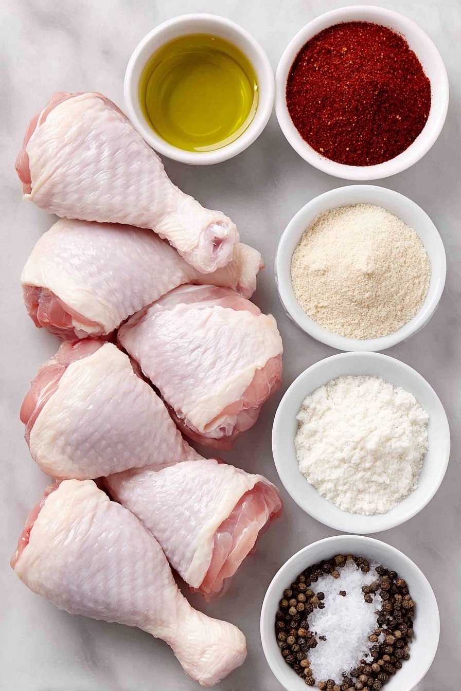 Air Fryer Chicken Legs Recipe 7 Flat lay of six fresh raw chicken legs arranged neatly, a small white bowl of golden olive oil, a small white bowl filled with vibrant red paprika powder, a small white bowl of pale beige onion powder, a small white bowl of light off-white garlic powder, a small white bowl with fine white salt crystals, and a small white bowl of freshly ground black pepper, all placed on a clean white marble surface, soft natural light, photo taken with an iPhone, professional food photography style, fresh ingredients, white ceramic bowls, no bottles, no duplicates, no utensils, no packaging --ar 2:3 --v 7 --p m7354615311229779997 - Air Fryer Chicken Legs, Crispy Chicken Legs, Easy Chicken Dinner, Juicy Chicken Thighs, Healthy Chicken Recipes