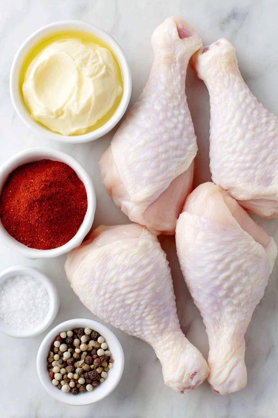 Crispy Oven-Baked Chicken Legs Recipe 7 Flat lay of six fresh raw chicken drumsticks with natural skin texture arranged symmetrically, a small white ceramic bowl filled with melted golden butter, a small white ceramic bowl containing vibrant red smoked paprika powder, a small white ceramic bowl with fine white garlic powder, a small white ceramic bowl of coarse sea salt crystals, and a small white ceramic bowl holding cracked black peppercorns ground into coarse black pepper, all placed on a clean white marble surface, soft natural light, photo taken with an iPhone, professional food photography style, fresh ingredients, white ceramic bowls, no bottles, no duplicates, no utensils, no packaging --ar 2:3 --v 7 --p m7354615311229779997 - Crispy Oven-Baked Chicken Legs, oven-baked chicken legs, crispy chicken thighs, healthy baked chicken, easy chicken dinner