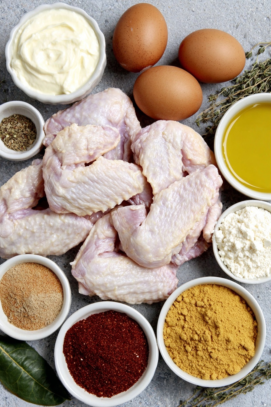 Dry Rub Baked Chicken Wings with Gorgonzola Sauce Recipe 7 Flat lay of a pile of fresh raw chicken wings with pale pink skin, a small heap of reddish-brown ancho chile powder, a small heap of deep red smoked paprika, a small heap of light tan onion powder, a small heap of coarse white kosher salt, a small mound of packed golden-brown light brown sugar, a small heap of reddish chili powder, a small heap of bright red paprika, a small heap of warm brown cumin powder, a small heap of off-white garlic powder, a small heap of reddish cayenne pepper, a small heap of pale yellow dried mustard powder, a small heap of dark ground black pepper, a small heap of dried green oregano leaves, a small heap of dried light green thyme leaves, two whole uncracked light brown eggs with smooth shells, a small white ceramic bowl filled with clear golden vegetable oil, a small white ceramic bowl of creamy white mayonnaise, a small white ceramic bowl of smooth white sour cream, a small white ceramic bowl containing crumbly blue-veined gorgonzola cheese, a small white ceramic bowl with freshly grated garlic, a small white ceramic bowl with fresh pale yellow lemon juice, a few crisp bright green celery sticks, and a few vibrant orange carrot sticks all arranged symmetrically and naturally placed on a clean white marble surface, soft natural light, photo taken with an iPhone, professional food photography style, fresh ingredients, white ceramic bowls, no bottles, no duplicates, no utensils, no packaging --ar 2:3 --v 7 --p m7354615311229779997 - Dry Rub Baked Chicken Wings with Gorgonzola Sauce, spicy baked chicken wings, crispy baked chicken wings, smoky wing dry rub, creamy Gorgonzola dipping sauce