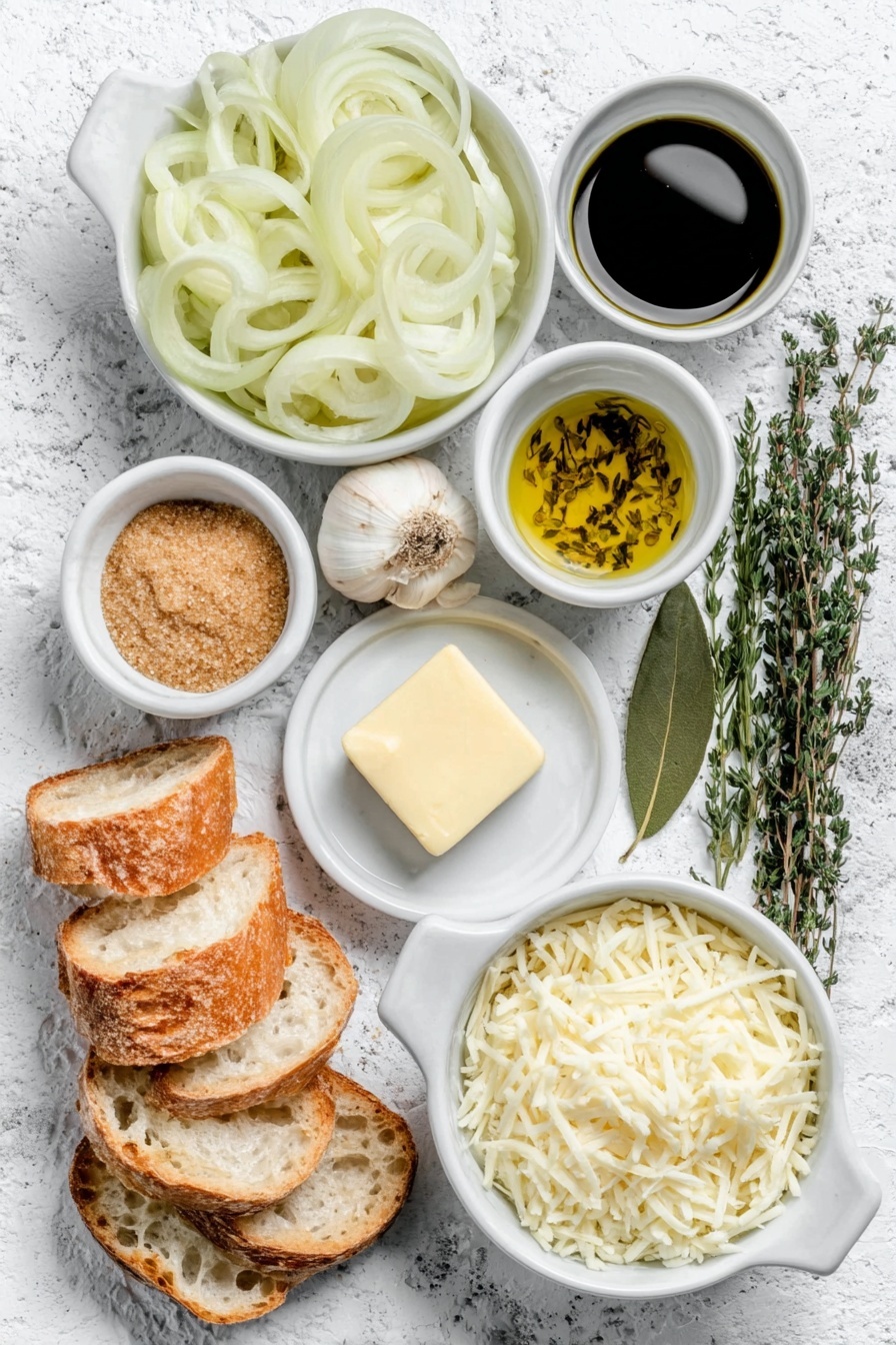 French Onion Soup with Caramelized Onions Recipe 7 Flat lay of a small white ceramic bowl of golden olive oil, a cluster of five medium fresh yellow onions sliced thinly, a small white ceramic bowl filled with light brown sugar, a small white ceramic bowl of thick reddish-brown Worcestershire sauce, two whole fresh garlic cloves unpeeled, a small pat of creamy butter on a white ceramic plate, a small white ceramic bowl of fine all-purpose flour, a small white ceramic bowl of deep red wine, a simple white ceramic bowl filled with rich dark beef stock, a small bunch of fresh green thyme sprigs, a single dried bay leaf, a small white ceramic bowl of coarse kosher salt, a small white ceramic bowl of cracked black pepper, several slices of rustic crusty French bread, a small white ceramic bowl piled with shredded pale yellow Gruyere cheese, and a small white ceramic bowl heaped with shredded white mozzarella cheese, all ingredients arranged symmetrically with balanced spacing and perfect proportions, placed on a clean white marble surface, soft natural light, photo taken with an iPhone, professional food photography style, fresh ingredients, white ceramic bowls, no bottles, no duplicates, no utensils, no packaging --ar 2:3 --v 7 --p m7354615311229779997 - French Onion Soup with Caramelized Onions, caramelized onion soup, French onion soup, savory onion soup, comfort food recipes
