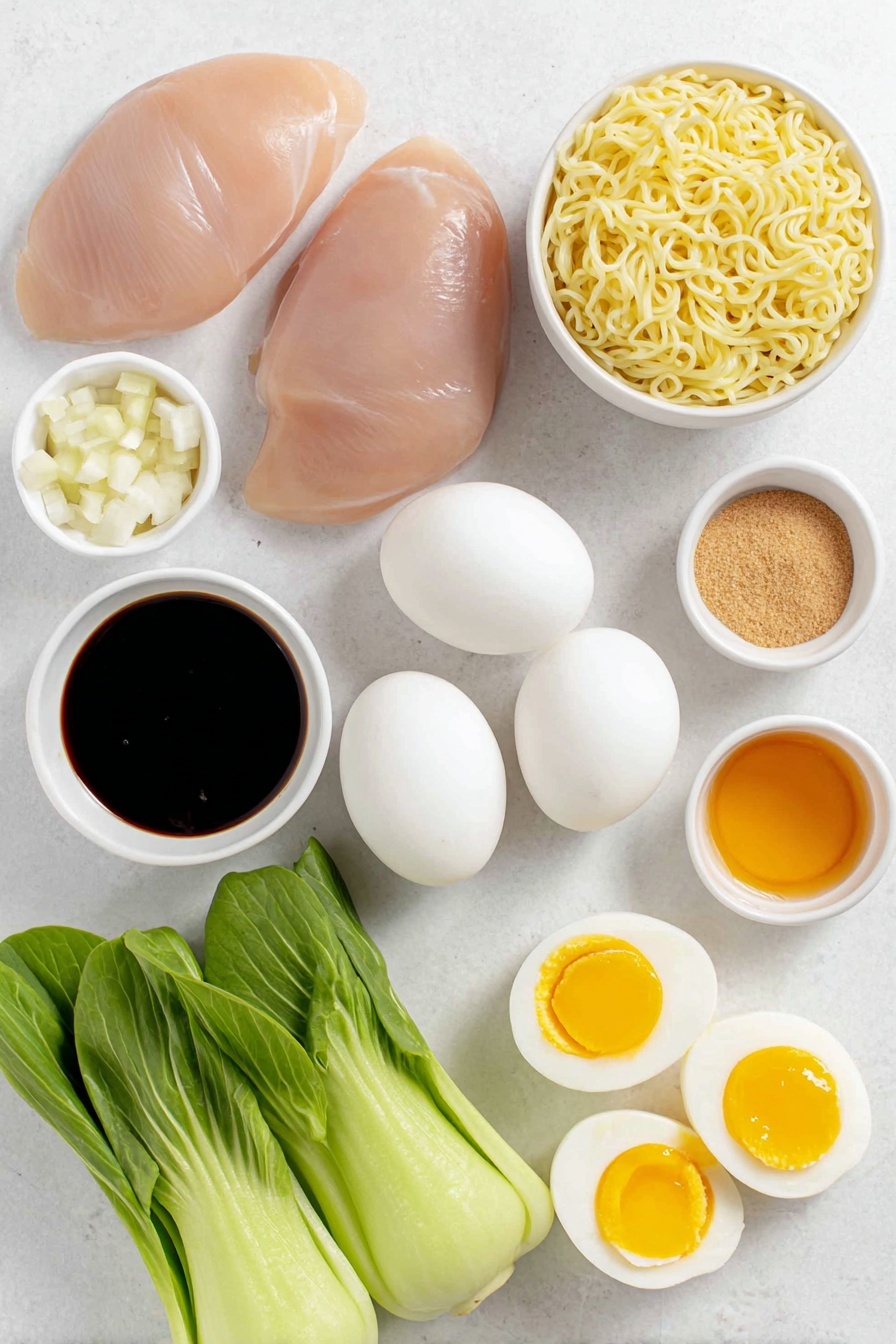 Easy Chicken Ramen Soup Recipe 7 Flat lay of fresh skinless chicken breasts, two whole uncracked brown eggs, two soft boiled eggs halved with bright yellow yolks, a small white ceramic bowl of dark soy sauce, a small white ceramic bowl of light amber mirin, a small white ceramic bowl of brown sugar crystals, a small white ceramic bowl of minced garlic, a small white ceramic bowl of ground ginger powder, a simple white ceramic bowl filled with clear golden chicken broth, two bundles of fresh ramen noodles, fresh bright green bok choy leaves, and a small bunch of vibrant green scallions arranged in perfect symmetry on a clean white marble surface, soft natural light, photo taken with an iPhone, professional food photography style, fresh ingredients, white ceramic bowls, no bottles, no duplicates, no utensils, no packaging --ar 2:3 --v 7 --p m7354615311229779997 - Easy Chicken Ramen Soup, Chicken Ramen Soup Recipe, Simple Chicken Ramen, Cozy Chicken Ramen, Healthy Chicken Ramen