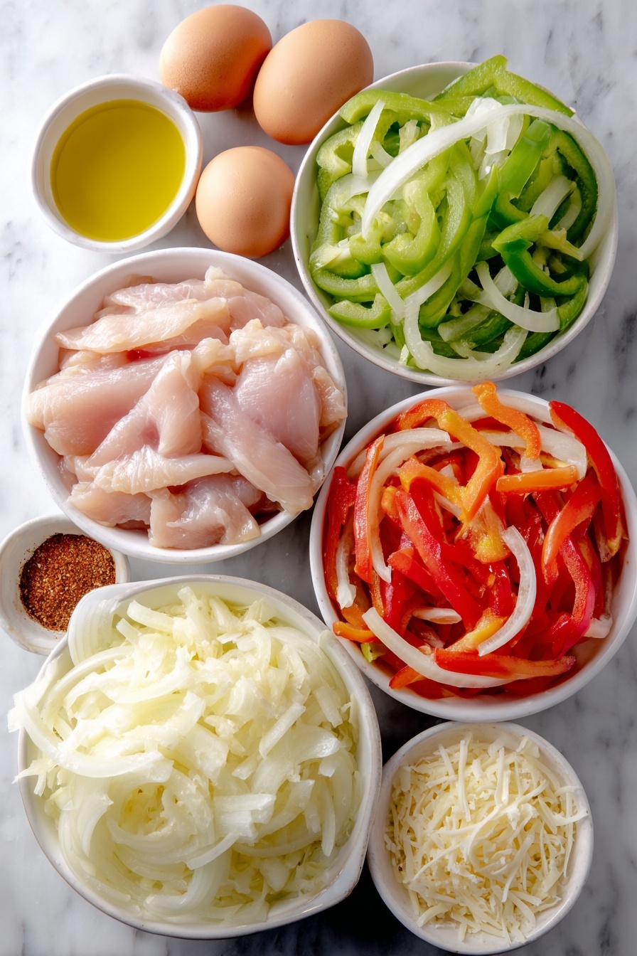 Flache Schicht aus einer dünn geschnittenen gelben Zwiebel, einer dünn geschnittenen roten Paprika, einer dünn geschnittenen grünen Paprika, dünn geschnittenen, rohen, knochenlosen Hähnchenbrust, einer kleinen weißen Schale Olivenöl, einer kleinen weißen Schüssel italienischer Gewürze, einer kleinen weißen Schale geräucherter Paprika, einer kleinen weißen Schale koscherem Salz,  Eine kleine weiße Schale mit frisch gemahlenem schwarzem Pfeffer, eine kleine weiße Schüssel mit geriebenem Provolone-Käse, ganze, ungebrochene braune Eier dazu – aber da im Rezept keine Eier enthalten sind, Eier weglassen – auf eine saubere weiße Marmoroberfläche gestellt, weiches natürliches Licht, Foto mit einem iPhone, professionelle Food-Fotografie, frische Zutaten, weiße Keramikschalen,  Keine Flaschen, keine Duplikate, kein Besteck, keine Verpackung --ar 2:3 --v 7 --p m7354615311229779997 - Hähnchen-Cheesesteak-Pfanne, einfache Hähnchen-Cheesesteak-Pfanne, Ein-Pfanne-Cheesesteak-Abendessen, schnelles Hähnchenpfanne-Rezept, käsige Hähnchenpfanne