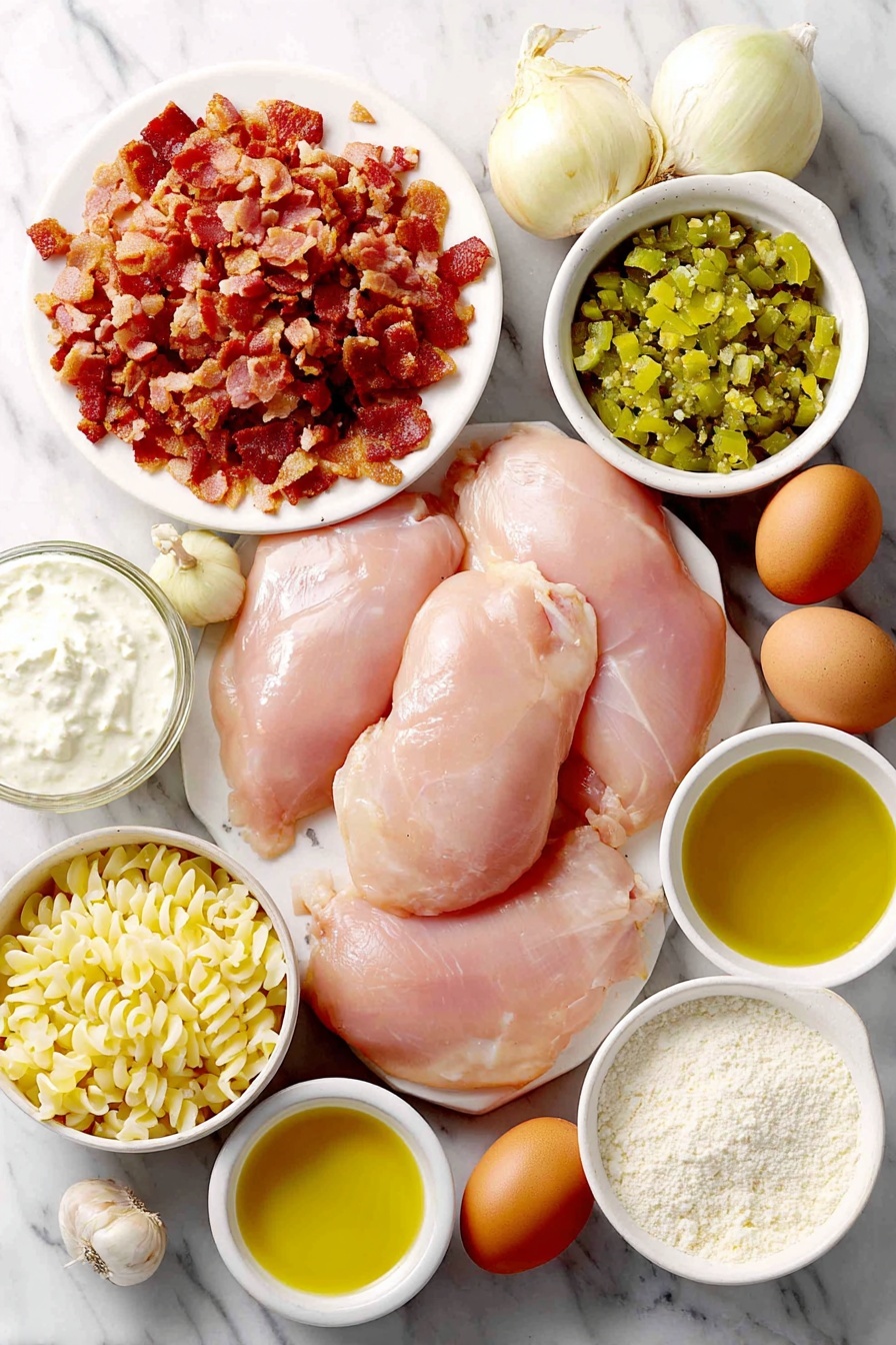 Flache Platte aus frischen, knochenlosen, hautlosen Hähnchenbrust, einem kleinen Haufen knusprigen Speck, einer ganzen Schalotte, ganzen geschälten und ungebrochenen Knoblauchzehen, einer kleinen weißen Schüssel mit gehacktem, leuchtend grün eingelegter Peperoncinis, einer kleinen weißen Schüssel mit cremigem weißem griechischen Joghurt, einer kleinen weißen Schale glatter Kokosmilch, einer kleinen weißen Schale goldenem Olivenöl,  Eine kleine weiße Schale reichhaltige Hühnerbrühe, ein paar ganze braune Eier, eine kleine weiße Schale glutenfreies Mehl, eine weiße Keramikschale mit frischen flachen Petersilienzweigen und eine Handvoll roher, glutenfreier Fusilli-Pasta, alle symmetrisch auf einer sauberen weißen Marmoroberfläche angeordnet, weiches natürliches Licht, Foto mit einem iPhone, professionelle Food-Fotografie,  Frische Zutaten, weiße Keramikschalen, keine Flaschen, keine Duplikate, kein Besteck, keine Verpackung --ar 2:3 --v 7 --p m7354615311229779997 - Cremiges Peperoncini-Hähnchen, schnelle Hähnchenrezepte, Rezepte für säuerliches Hähnchen, einfaches Hähnchen unter der Woche, geschmackvolle Hähnchengerichte