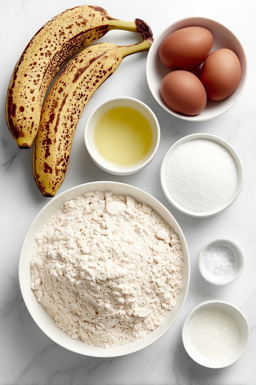 Easy Ripe Banana Bread Recipe 7 Flat lay of three extra ripe whole bananas with brown speckles, a small white ceramic bowl filled with white granulated sugar, a small white bowl containing golden canola oil, two whole uncracked brown eggs with clean shells, a small white bowl of clear vanilla extract, a neat pile of sifted all-purpose flour on a white ceramic plate, a small white bowl with baking soda powder, a small white bowl holding fine salt crystals placed symmetrically, placed on a clean white marble surface, soft natural light, photo taken with an iPhone, professional food photography style, fresh ingredients, white ceramic bowls, no bottles, no duplicates, no utensils, no packaging --ar 2:3 --v 7 --p m7354615311229779997 - Easy Ripe Banana Bread, banana bread recipe, moist banana bread, beginner banana bread, quick banana bread