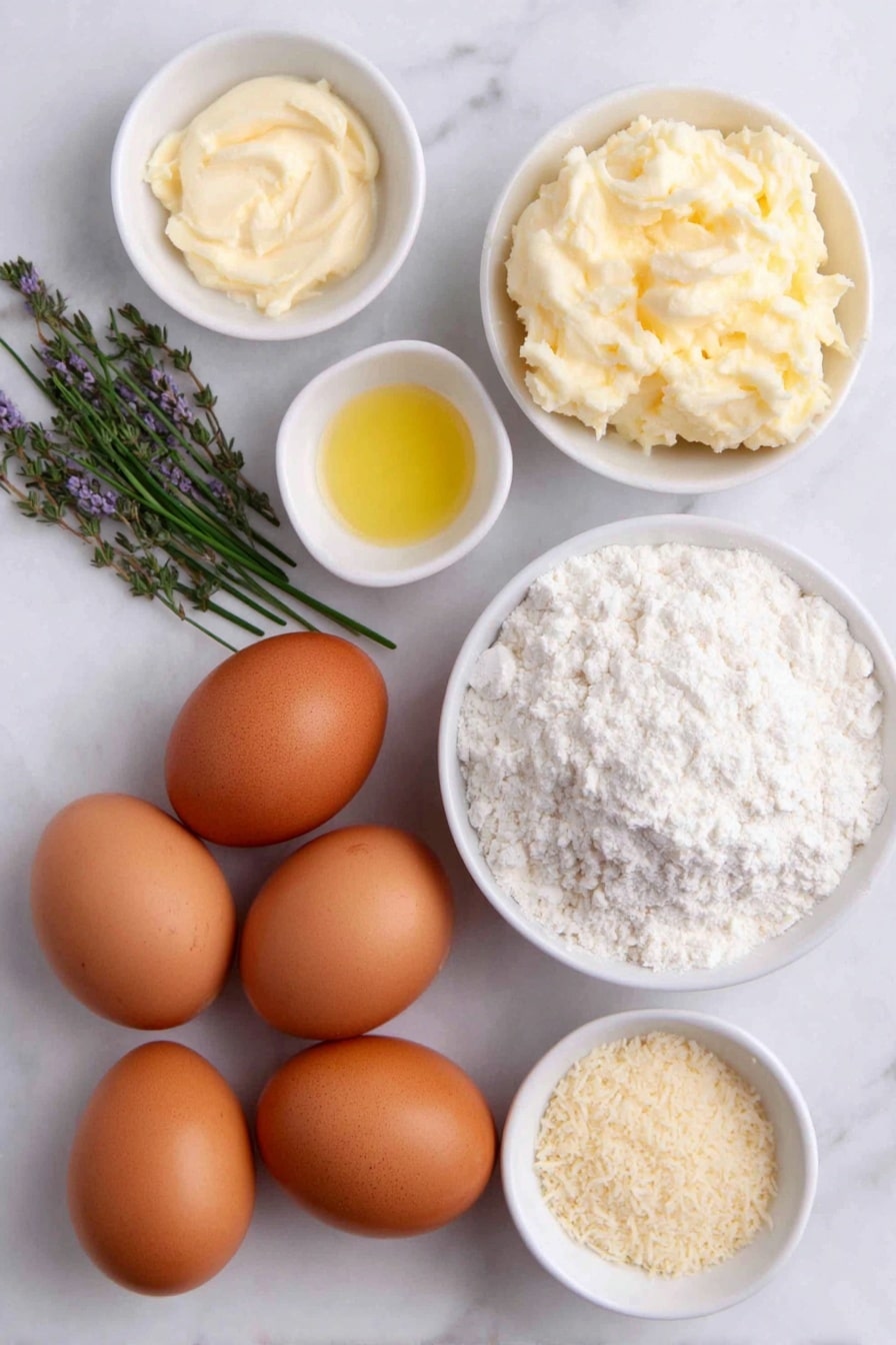Homemade Scotch Eggs Recipe 7 Flat lay of six whole brown eggs with clean shells, a mound of fresh raw plain sausagemeat, a few sprigs of fresh chives and thyme mixed together, a small white bowl of pale yellow English mustard, a small white bowl of white flour, a small white bowl filled with golden panko breadcrumbs, a small white bowl containing a splash of milk, a pinch of ground mace arranged as a light dusting on the white ceramic surface, and a small white bowl with clear vegetable oil, all arranged symmetrically on a simple white ceramic background, placed on a clean white marble surface, soft natural light, photo taken with an iPhone, professional food photography style, fresh ingredients, white ceramic bowls, no bottles, no duplicates, no utensils, no packaging --ar 2:3 --v 7 --p m7354615311229779997 - Homemade Scotch Eggs, Scotch Eggs recipe, crispy Scotch eggs, soft boiled eggs with sausage, easy Scotch eggs