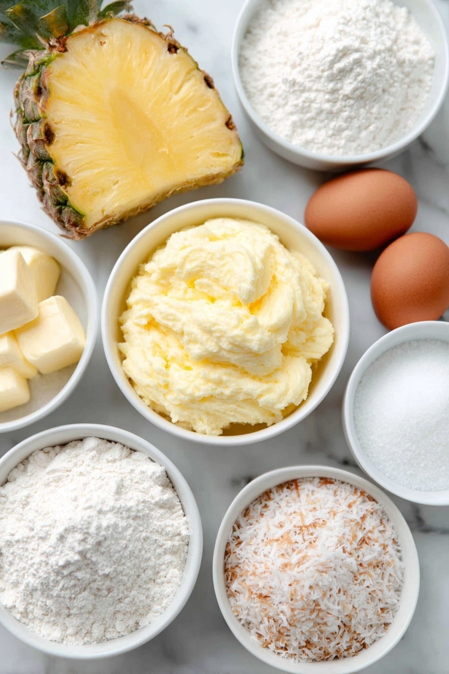 Moist Pineapple Banana Bread Recipe 7 Flat lay of a small white ceramic bowl of softened butter, a small white ceramic bowl of granulated sugar, two whole uncracked brown eggs, a small white ceramic bowl with mashed ripe banana, a small white ceramic bowl with drained crushed pineapple, a small white ceramic bowl of sweetened flaked coconut, a small white ceramic bowl of all-purpose flour, a small white ceramic bowl of baking powder, a small white ceramic bowl of baking soda, a small white ceramic bowl of salt, placed on a clean white marble surface, soft natural light, photo taken with an iPhone, professional food photography style, fresh ingredients, white ceramic bowls, no bottles, no duplicates, no utensils, no packaging --ar 2:3 --v 7 --p m7354615311229779997 - Moist Pineapple Banana Bread, tropical banana bread recipe, easy pineapple banana bread, soft banana bread with pineapple, pineapple banana quick bread