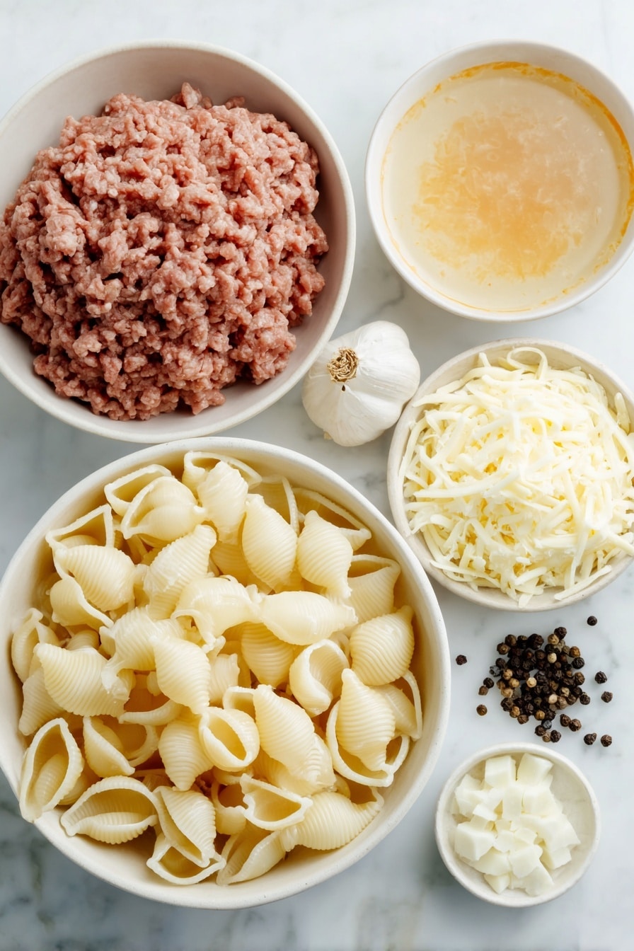 Flat lay of medium pasta shells in a simple white ceramic bowl, a mound of fresh raw ground beef, two small white bowls—one filled with smooth tomato soup, the other containing clear water, a small white bowl piled with shredded cheddar cheese, another small white bowl with shredded mozzarella cheese, a few whole garlic cloves, and scattered black peppercorns and coarse salt crystals placed symmetrically around, all arranged with perfect balance on a clean white marble surface, soft natural light, photo taken with an iPhone, professional food photography style, fresh ingredients, white ceramic bowls, no bottles, no duplicates, no utensils, no packaging --ar 2:3 --v 7 --p m7354615311229779997 - Cheesy Hamburger Pasta Bake, cheesy hamburger casserole, quick comfort food recipes, easy pasta bake, family-friendly dinner ideas