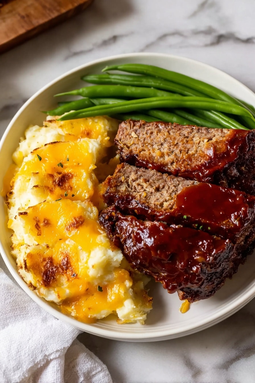 Classic Meatloaf Recipe with BBQ Sauce Recipe 8 The dish shows two thick slices of dark brown meatloaf with a shiny, reddish-brown sauce on top, placed on the right side of a white plate. On the left side, there is a golden-yellow layer of scalloped potatoes with browned spots and a slightly melted cheese texture. Below the meatloaf and potatoes, bright green beans lay side by side, adding a fresh color contrast. The plate sits on a white marbled surface, and a white cloth napkin is visible in the background. Photo taken with an iphone --ar 2:3 --v 7 - Classic Meatloaf BBQ Sauce, meatloaf with BBQ glaze, juicy tender meatloaf recipe, comfort food meatloaf, homemade meatloaf with BBQ sauce