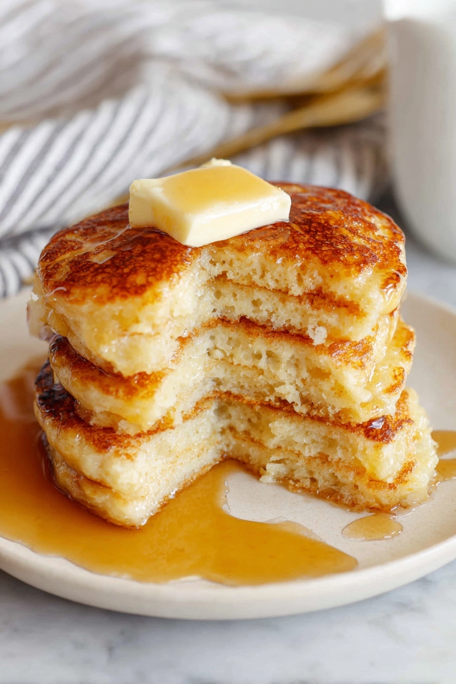 Oatmeal Pancakes with Buttermilk Recipe 6 A stack of four thick, golden brown pancakes sits on a white plate. The pancakes have a slightly crispy outside and soft, fluffy inside that is visible due to a portion taken from the top pancake. Between each pancake is golden syrup oozing out, pooling at the bottom of the plate. On top of the stack is a small square of butter, just beginning to melt with syrup running over its edges. The plate rests on a white marbled surface with a striped cloth and part of a utensil blurred in the background. Photo taken with an iphone --ar 2:3 --v 7 - Oatmeal Pancakes with Buttermilk, healthy oatmeal pancakes, fluffy oatmeal pancakes, easy pancake recipe, wholesome breakfast ideas