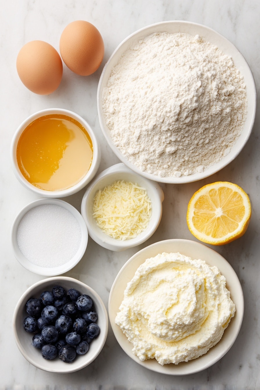 Lemon Ricotta Pancakes Recipe 7 Flat lay of a small mound of pale all-purpose flour, a heaping tablespoon of baking powder in a white ceramic bowl, a small white bowl filled with white granulated sugar, a tiny white bowl with fine salt crystals, a small white bowl holding fresh milk, a portion of creamy ricotta cheese shaped naturally on a simple white plate, two large brown eggs with clean shells, a small white bowl with golden vanilla extract, a fresh lemon sliced to show bright yellow zest and a halved lemon showing juicy pulp, a small white bowl with melted butter, a small pile of fine lemon zest beside the lemon halves, a dusting of powdered sugar on the side as fine powder, and a few plump fresh blueberries scattered naturally — all arranged in perfect symmetry on a clean white marble surface, soft natural light, photo taken with an iPhone, professional food photography style, fresh ingredients, white ceramic bowls, no bottles, no duplicates, no utensils, no packaging --ar 2:3 --v 7 --p m7354615311229779997 - Lemon Ricotta Pancakes, Lemon Ricotta Pancakes Recipe, Fluffy Lemon Pancakes, Easy Lemon Breakfast, Bright Lemon Pancakes