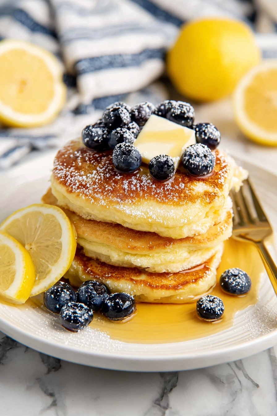 Lemon Ricotta Pancakes Recipe 6 A stack of four golden brown pancakes with a soft and fluffy texture is centered on a white plate. The top pancake has a square piece of melting butter and is covered with fresh, plump blueberries dusted lightly with powdered sugar. More blueberries are scattered around the base of the stack, which is surrounded by a pool of golden syrup spreading across the plate. A bright yellow lemon slice rests against the pancakes on the left side. A gold fork leans on the right side of the plate, all placed on a white marbled surface with a blurred background showing a white and blue striped cloth and a whole lemon sliced in half. Photo taken with an iphone --ar 2:3 --v 7 - Lemon Ricotta Pancakes, Lemon Ricotta Pancakes Recipe, Fluffy Lemon Pancakes, Easy Lemon Breakfast, Bright Lemon Pancakes