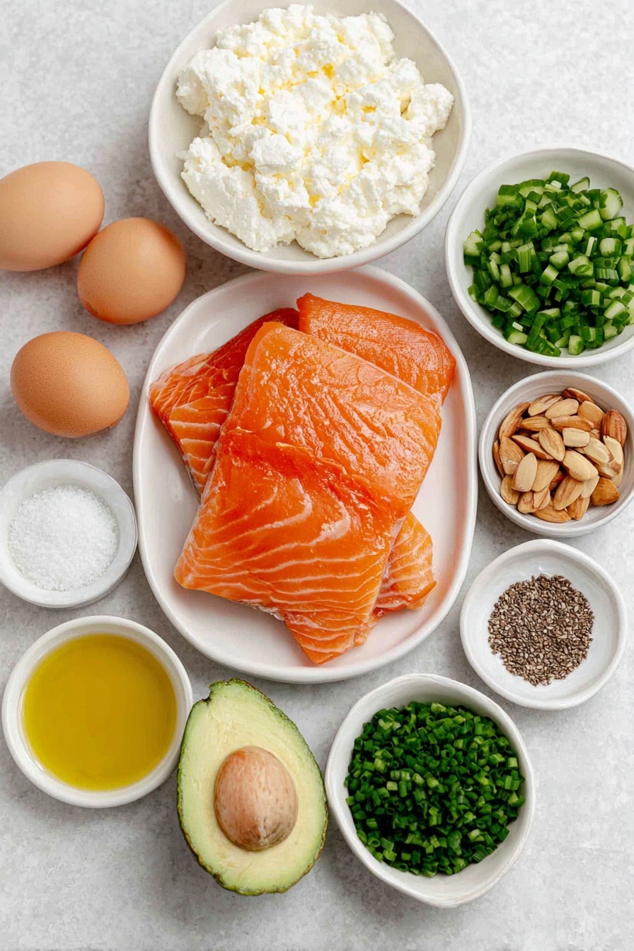 Smoked Salmon Cottage Cheese Salad Recipe 7 Flat lay of a whole clean egg with an uncracked shell, a small white ceramic bowl of fresh cottage cheese, a few delicate slices of bright orange smoked salmon, half a ripe avocado with vibrant green flesh, a small white bowl of diced cucumber, a small white bowl holding finely chopped green chives, a small white bowl filled with chopped almonds, a small white bowl with golden olive oil, and small white bowls containing coarse salt and cracked black pepper, all arranged in perfect symmetry on a simple white ceramic plate and bowls, placed on a clean white marble surface, soft natural light, photo taken with an iPhone, professional food photography style, fresh ingredients, white ceramic bowls, no bottles, no duplicates, no utensils, no packaging --ar 2:3 --v 7 --p m7354615311229779997 - Smoked Salmon Cottage Cheese Salad, smoked salmon salad, healthy quick salad, protein-packed lunch, light seafood salad