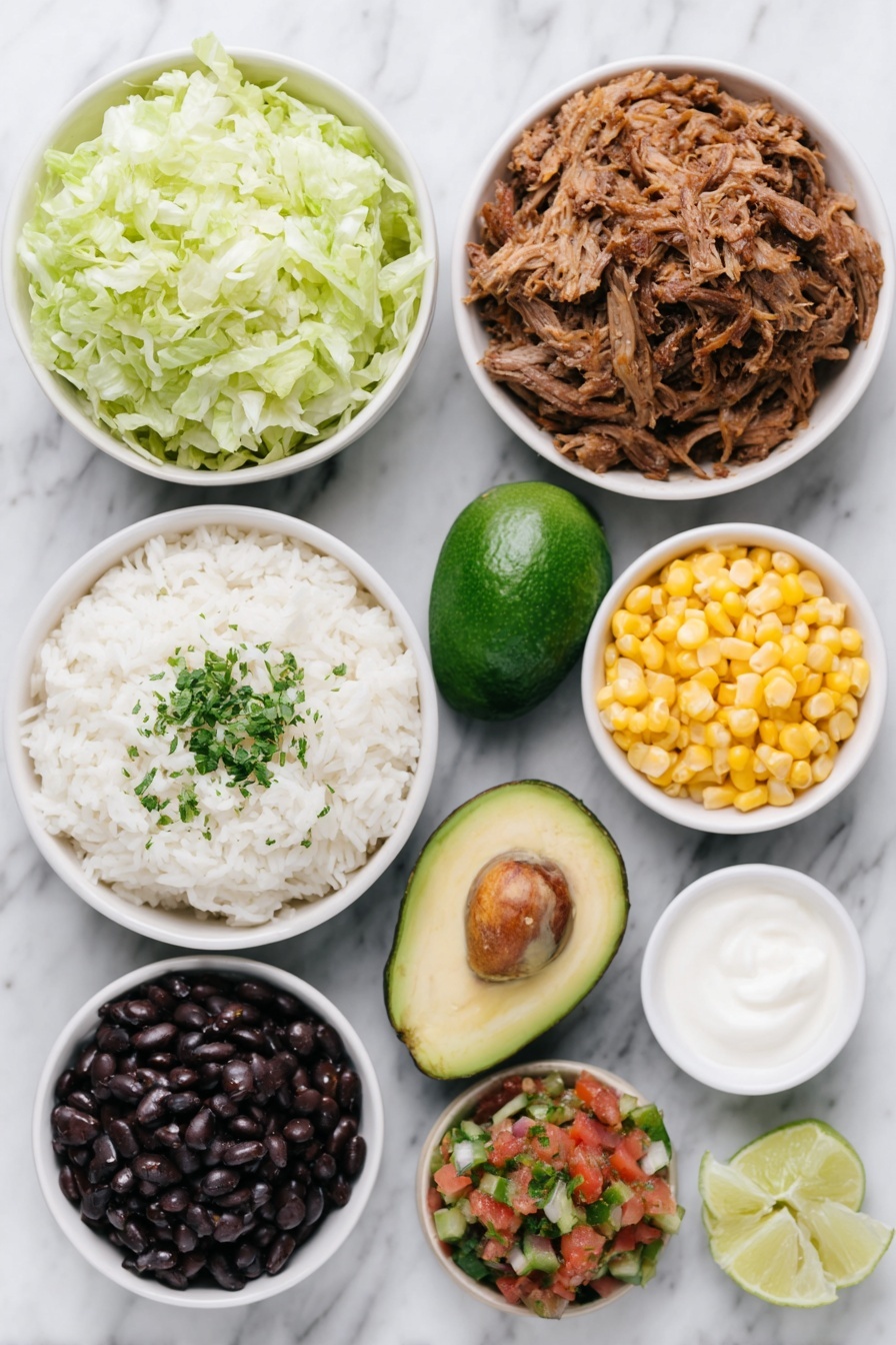 Instant Pot Carnitas Burrito Bowls Recipe 7 Flat lay of shredded green leaf lettuce, a mound of fluffy cilantro lime rice with visible green cilantro leaves and lime zest, tender shredded Mexican-flavored carnitas meat, a heap of fresh pico de gallo with diced tomatoes, onions, and cilantro, two ripe whole avocados, sautéed fajita vegetables including sliced bell peppers and onions, a small white bowl of black beans, a small white bowl of corn kernels, a small white bowl of sour cream, and a small white bowl of grated cheese, all arranged symmetrically on simple white ceramic bowls and plates, placed on a clean white marble surface, soft natural light, photo taken with an iPhone, professional food photography style, fresh ingredients, white ceramic bowls, no bottles, no duplicates, no utensils, no packaging --ar 2:3 --v 7 --p m7354615311229779997 - Instant Pot Carnitas Burrito Bowls, Mexican burrito bowl recipe, effortless carnitas dinner, easy Instant Pot Mexican dish, family-friendly burrito bowl