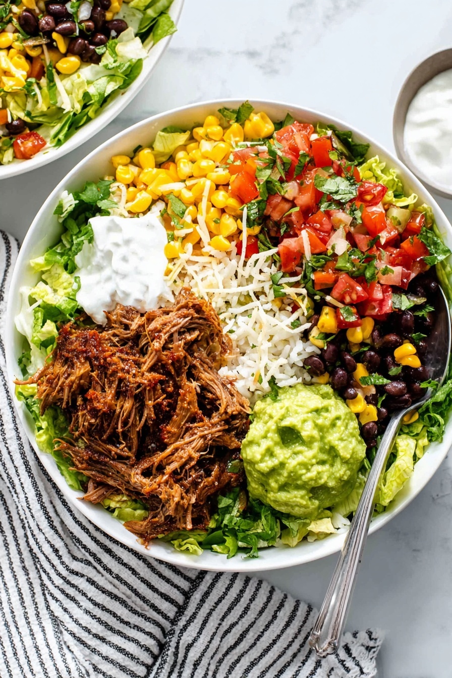Instant Pot Carnitas Burrito Bowls Recipe 8 A round dark plate sits on a white marbled surface covered by a wooden board, filled with a colorful layered dish. At the bottom right, a large portion of fluffy white rice with green herbs forms the base, topped with shredded light brown meat on the top right. On the top left, there is a bed of bright green leafy lettuce. Next to the lettuce, a mix of black beans and diced red tomatoes creates a rich splash of color. Thin, curved strips of red and orange peppers lie on the left side, layered over some melted white cheese. A spoon with green guacamole is being added on top of the rice by a woman's hand in the center right of the image. Photo taken with an iphone --ar 2:3 --v 7 - Instant Pot Carnitas Burrito Bowls, Mexican burrito bowl recipe, effortless carnitas dinner, easy Instant Pot Mexican dish, family-friendly burrito bowl