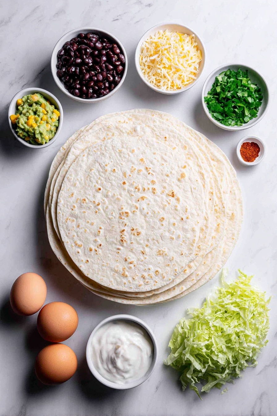 Vegan Black Bean Burrito Recipe 7 Flat lay of a stack of six large plain flour tortillas, a small mound of cooked brown rice with visible grains, a small white bowl filled with black beans and bright yellow sweet corn mixed with chopped green onion rings and freshly chopped cilantro, a small white bowl of smooth green guacamole, a small white bowl of chunky red salsa with visible tomato and herbs, a small white bowl of creamy white vegan sour cream, a small white bowl of shredded pale yellow vegan cheese, a pile of fresh shredded green lettuce, two whole uncracked brown eggs, a small white bowl with fresh lime wedges, sprinkled paprika and cumin powders artfully arranged in tiny white bowls, placed on a clean white marble surface, soft natural light, photo taken with an iPhone, professional food photography style, fresh ingredients, white ceramic bowls, no bottles, no duplicates, no utensils, no packaging --ar 2:3 --v 7 --p m7354615311229779997 - Vegan Black Bean Burrito, black bean burrito, vegan burrito recipe, plant-based burrito, healthy burrito ideas