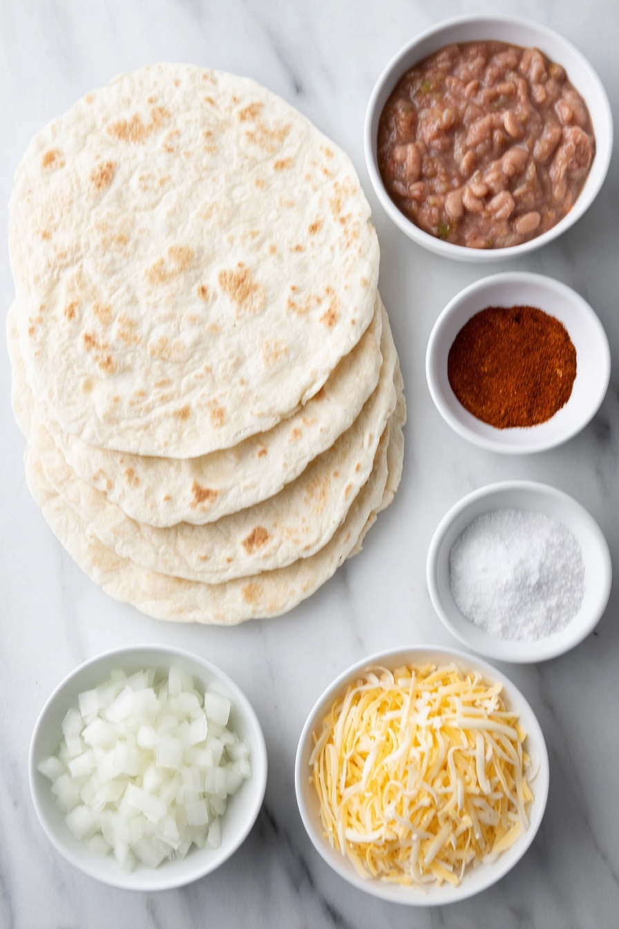 Cheesy Bean Burritos Recipe 7 Flat lay of four large, soft flour tortillas stacked slightly fanned out, a small white bowl of smooth refried beans, a small white bowl with chunky red salsa, a small white bowl containing diced white onion, a small white bowl with bright orange smoked paprika powder, a small white bowl with fine white garlic powder, a small white bowl of coarse kosher salt, a small white bowl of freshly ground black pepper, a small white bowl piled with shredded sharp orange cheddar cheese, a small white bowl piled with shredded creamy white Monterey Jack cheese, all ingredients fresh and natural looking, arranged in perfect symmetry in a balanced layout, placed on a clean white marble surface, soft natural light, photo taken with an iPhone, professional food photography style, fresh ingredients, white ceramic bowls, no bottles, no duplicates, no utensils, no packaging --ar 2:3 --v 7 --p m7354615311229779997 - Cheesy Bean Burritos, easy bean burritos, quick dinner recipes, comfort food ideas, vegetarian burritos