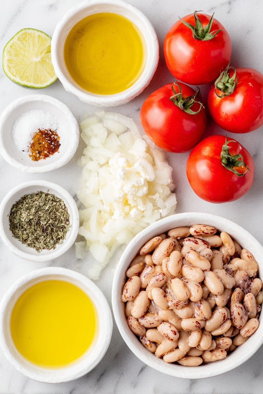 Spicy Pinto Bean Soup Recipe 7 Flat lay of two small white ceramic bowls filled with drained and rinsed pinto beans and smooth vegetable stock, a small white ceramic bowl with olive oil, a small white ceramic bowl with Mexican oregano, a small white ceramic bowl with ground cumin, a small white ceramic bowl with coarse salt, a small white ceramic bowl with freshly cracked black pepper, a small white ceramic bowl holding a few chipotle peppers in adobo sauce, one small chopped white onion, four whole uncracked garlic cloves, five ripe plum tomatoes with smooth skins, a fresh lime wedge, a small white ceramic bowl with crema, a small white ceramic bowl with freshly chopped cilantro leaves, arranged in perfect symmetry, placed on a clean white marble surface, soft natural light, photo taken with an iPhone, professional food photography style, fresh ingredients, white ceramic bowls, no bottles, no duplicates, no utensils, no packaging --ar 2:3 --v 7 --p m7354615311229779997 - Spicy Pinto Bean Soup, spicy bean soup, smoky chipotle bean soup, hearty vegetarian soup, easy bean soup recipe