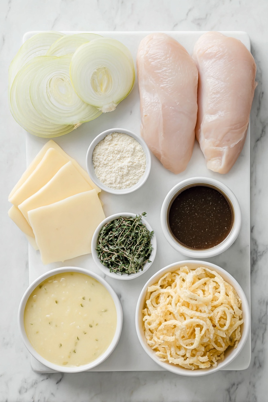 French Onion Chicken Crock Pot Recipe 7 Flat lay of a large yellow onion sliced into rings, four raw boneless skinless chicken breasts with smooth pale skin, a small white bowl filled with thick cream of chicken soup, a small white bowl holding fine dry onion soup mix powder, a small white bowl with rich dark beef broth, six slices of pale creamy provolone cheese stacked neatly, a small white bowl containing green thyme leaves, a small white bowl filled with golden crispy fried onions, all arranged symmetrically and balanced, placed on a clean white marble surface, soft natural light, photo taken with an iPhone, professional food photography style, fresh ingredients, white ceramic bowls, no bottles, no duplicates, no utensils, no packaging --ar 2:3 --v 7 --p m7354615311229779997 - French Onion Chicken Crock Pot, slow cooker French onion chicken, easy crock pot chicken recipes, comforting chicken dinner, flavorful slow cooker meals