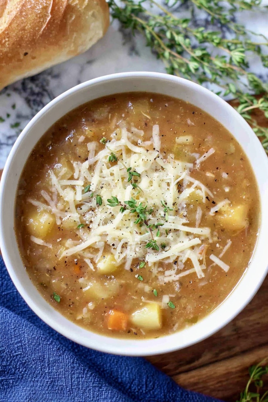 French Onion Noodle Soup Recipe 6 A white bowl filled with light brown broth soup that has thick yellowish egg noodles and small bits of shredded chicken mixed with green herbs, with a silver spoon resting inside the bowl on the left side. Behind the bowl, there is a torn loaf of golden-brown bread placed on a blue cloth, along with some fresh green herbs and a colorful blue and yellow package of egg noodles resting against the bread. The scene is set on a wooden surface with a white marbled texture in the background photo taken with an iphone --ar 2:3 --v 7 - French Onion Noodle Soup, onion noodle soup, comforting French onion dish, easy French onion soup, cozy noodle soup