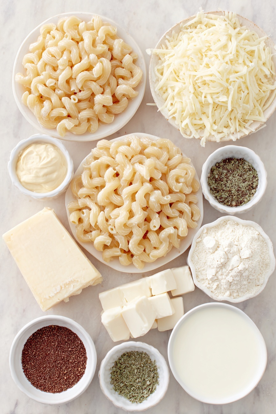 Creamy Mac and Cheese Casserole Recipe 7 Flat lay of cavatappi pasta piled loosely, a few cubes of unsalted butter stacked neatly, a small mound of all-purpose flour on a white ceramic plate, whole milk poured into a small white ceramic bowl, evaporated milk in another small white ceramic bowl, Dijon mustard dolloped in a tiny white ceramic bowl, dried garlic powder sprinkled gently on a white ceramic dish, onion powder arranged on a simple white plate, dried parsley lightly scattered on a white ceramic plate, black peppercorns whole in a small white bowl, freshly shredded cheddar cheese in a neat pile on a white plate, shredded Monterey Jack cheese similarly arranged on a white ceramic plate, shredded Gruyère cheese neatly piled on a simple white plate, a smooth dollop of sour cream in a small white bowl, seasoned panko breadcrumbs in a small white bowl, melted butter in another small white ceramic bowl, all elements balanced symmetrically and proportionally, placed on a clean white marble surface, soft natural light, photo taken with an iPhone, professional food photography style, fresh ingredients, white ceramic bowls, no bottles, no duplicates, no utensils, no packaging --ar 2:3 --v 7 --p m7354615311229779997 - Creamy Mac and Cheese Casserole, cheesy baked pasta, easy comfort food recipes, kid-friendly dinner ideas, homemade mac and cheese