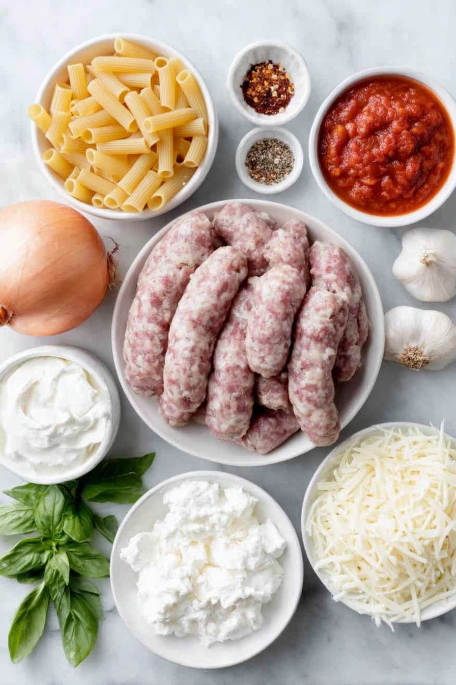 Creamy Baked Ziti with Italian Sausage Recipe 7 Flat lay of uncooked ziti pasta in a simple white ceramic bowl, fresh Italian sausage links on a white plate, one medium chopped onion neatly piled on a white dish, several cloves of whole garlic arranged beside the onion, a small white bowl of Italian seasoning powder, a tiny white bowl with crushed red pepper flakes, a simple white bowl filled with crushed tomatoes, a small white bowl of heavy cream, a small white bowl of granulated white sugar, a white ceramic bowl holding smooth ricotta cheese dollops, a white plate with freshly grated parmesan cheese, a white plate with shredded mozzarella cheese, and a few sprigs of fresh parsley and basil casually placed together on a white dish, all placed on a clean white marble surface, soft natural light, photo taken with an iPhone, professional food photography style, fresh ingredients, white ceramic bowls, no bottles, no duplicates, no utensils, no packaging --ar 2:3 --v 7 --p m7354615311229779997 - Creamy Baked Ziti with Italian Sausage, baked ziti recipe, cheesy pasta bake, Italian sausage pasta, comfort food recipes