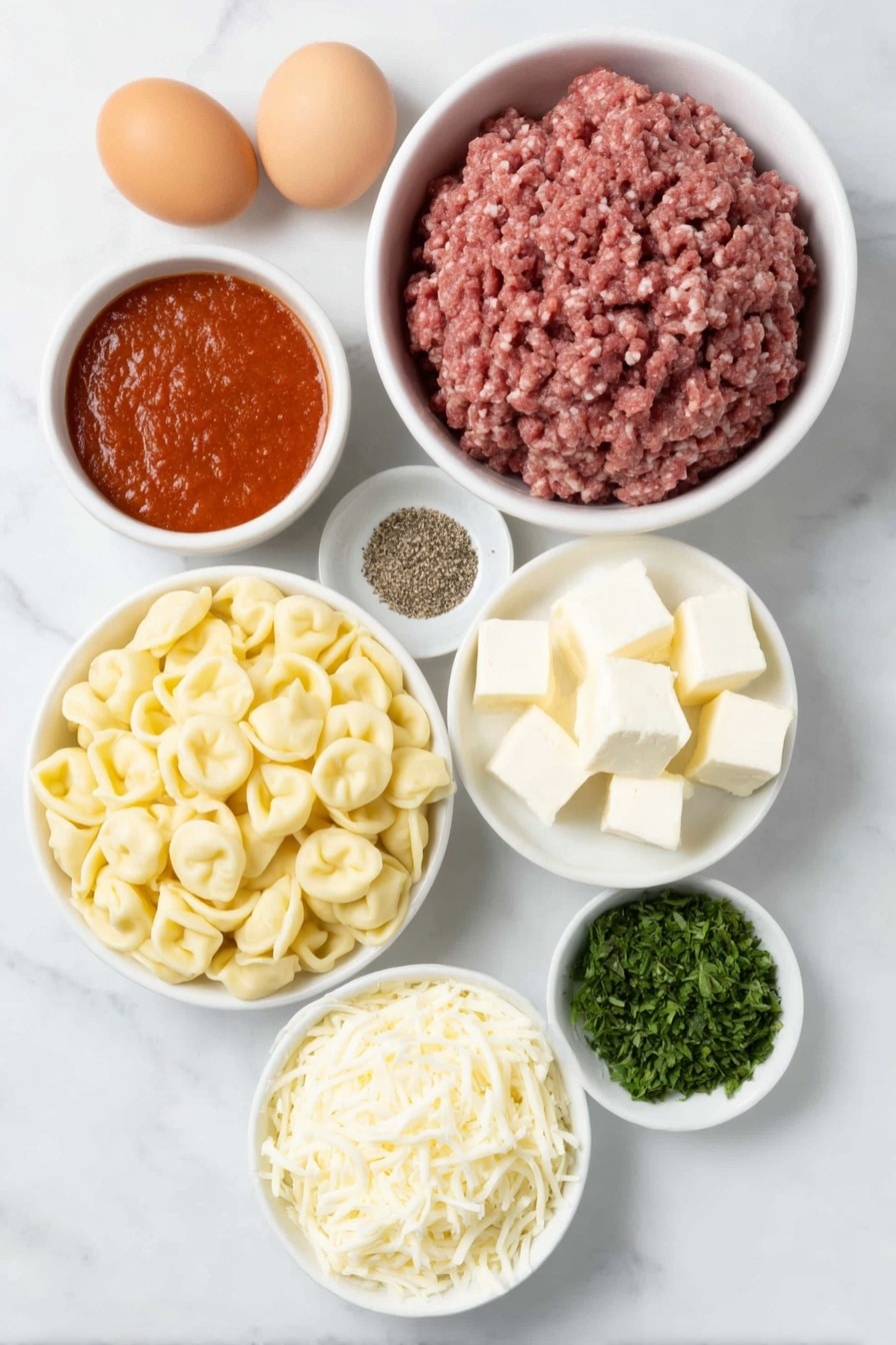 Cheesy Baked Tortellini Casserole with Meat Sauce Recipe 7 Flat lay of fresh cheese tortellini arranged in a small mound, a mound of raw ground beef with a bright red hue, a few cubes of creamy white cream cheese, a small white ceramic bowl filled with vibrant red tomato pasta sauce, a small white bowl heaped with shredded mozzarella cheese strands, a small white bowl with finely grated pale yellow parmesan cheese, a few fresh sprigs of green Italian seasoning herbs, a small white bowl of mixed coarse salt and black peppercorns, whole uncracked brown eggs placed symmetrically, all placed on a clean white marble surface, soft natural light, photo taken with an iPhone, professional food photography style, fresh ingredients, white ceramic bowls, no bottles, no duplicates, no utensils, no packaging --ar 2:3 --v 7 --p m7354615311229779997 - Cheesy Baked Tortellini with Meat Sauce, cheesy baked tortellini casserole, easy tortellini bake recipe, comfort food pasta dish, hearty meat and cheese pasta