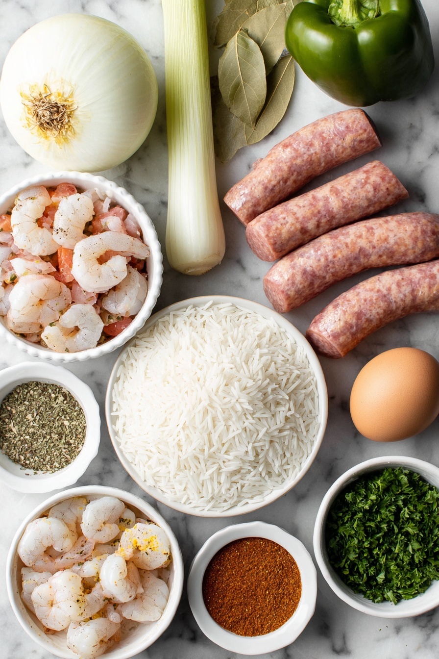 Slow Cooker Jambalaya with Shrimp and Sausage Recipe 7 Flat lay of a whole white onion, three fresh celery ribs with leaves, a green bell pepper, three garlic cloves, sliced smoked sausage, bite-sized raw chicken pieces, a small white ceramic bowl of diced fresh tomatoes, a small white ceramic bowl of dried oregano, two whole bay leaves, a small white ceramic bowl of reddish Creole seasoning powder, large raw shrimp with shells on, a small white ceramic bowl of long grain white rice, two whole brown eggs, a small white ceramic bowl of salt, a small white ceramic bowl of black pepper, and fresh chopped parsley scattered gently, all arranged in perfect symmetry on a clean white marble surface, soft natural light, photo taken with an iPhone, professional food photography style, fresh ingredients, white ceramic bowls, no bottles, no duplicates, no utensils, no packaging --ar 2:3 --v 7 --p m7354615311229779997 - Slow Cooker Jambalaya with Shrimp and Sausage, Cajun Chicken and Shrimp Stew, Easy Shrimp and Sausage Crockpot, Southern Creole Jambalaya, Crockpot Seafood and Sausage Dish