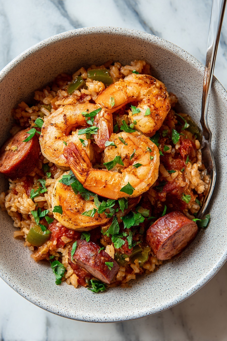 Slow Cooker Jambalaya with Shrimp and Sausage Recipe 6 A speckled light gray bowl filled with a rich, hearty dish made of three main layers: at the bottom, soft cooked rice mixed with small pieces of green peppers and tomato chunks, giving it a reddish-brown color; on top of the rice, several thick slices of browned sausage with a reddish hue are scattered evenly; the top layer shows three large shrimp with a pinkish-orange color, curved and placed clearly above the sausage; the whole dish is sprinkled with fresh chopped green herbs adding a bright green contrast. A silver fork rests inside the bowl, angled from the top right corner. The bowl is set on a white marbled surface. Photo taken with an iphone --ar 2:3 --v 7 - Slow Cooker Jambalaya with Shrimp and Sausage, Cajun Chicken and Shrimp Stew, Easy Shrimp and Sausage Crockpot, Southern Creole Jambalaya, Crockpot Seafood and Sausage Dish
