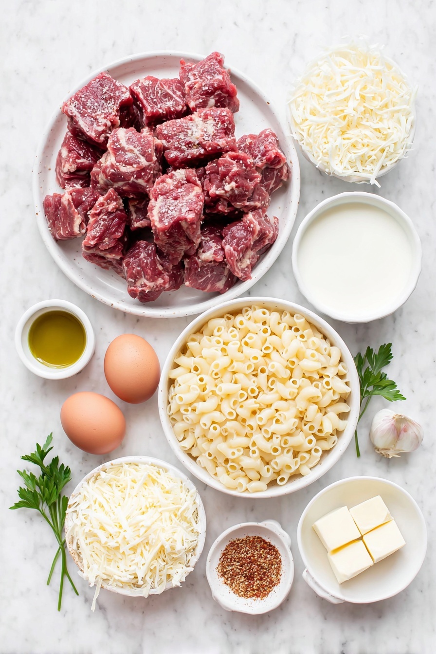 Cajun Steak Tips with Cheesy Rigatoni Recipe 7 Flat lay of a small pile of raw sirloin steak cubes, a few sprigs of fresh parsley, two whole brown eggs with clean shells, a small mound of rigatoni pasta, a small white bowl of olive oil, a small white bowl of heavy cream, a small white bowl of milk, a small white bowl filled with freshly grated Parmesan cheese, a small white bowl with shredded cheddar cheese, a small white bowl containing butter cubes, two cloves of fresh garlic, and a small white bowl of Cajun seasoning placed symmetrically on a simple white ceramic plate and bowls, placed on a clean white marble surface, soft natural light, photo taken with an iPhone, professional food photography style, fresh ingredients, white ceramic bowls, no bottles, no duplicates, no utensils, no packaging --ar 2:3 --v 7 --p m7354615311229779997 - Cajun Steak Tips with Cheesy Rigatoni, Cajun Steak Tips, Cheesy Rigatoni, Cajun Steak Tips recipe, easy Cajun pasta dish
