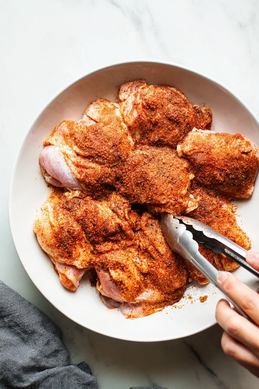 Oven Baked Chicken Thighs with Spices Recipe 6 A white bowl filled with several pieces of raw chicken thighs, each coated thickly with a reddish-brown spice mix. The chicken pieces are layered closely together, showing patches of pale pink skin under the bold spice. A woman's hand holding metal tongs is on the right side, touching one piece of chicken to press or turn it. The bowl sits on a white marbled surface with a gray cloth napkin partially visible on the left side. The reddish spice contrasts vividly against the white bowl and pink chicken skin. photo taken with an iphone --ar 2:3 --v 7 - Oven Baked Chicken Thighs with Spices, spicy baked chicken thighs, easy baked chicken recipe, flavorful chicken thigh dinner, quick weeknight chicken