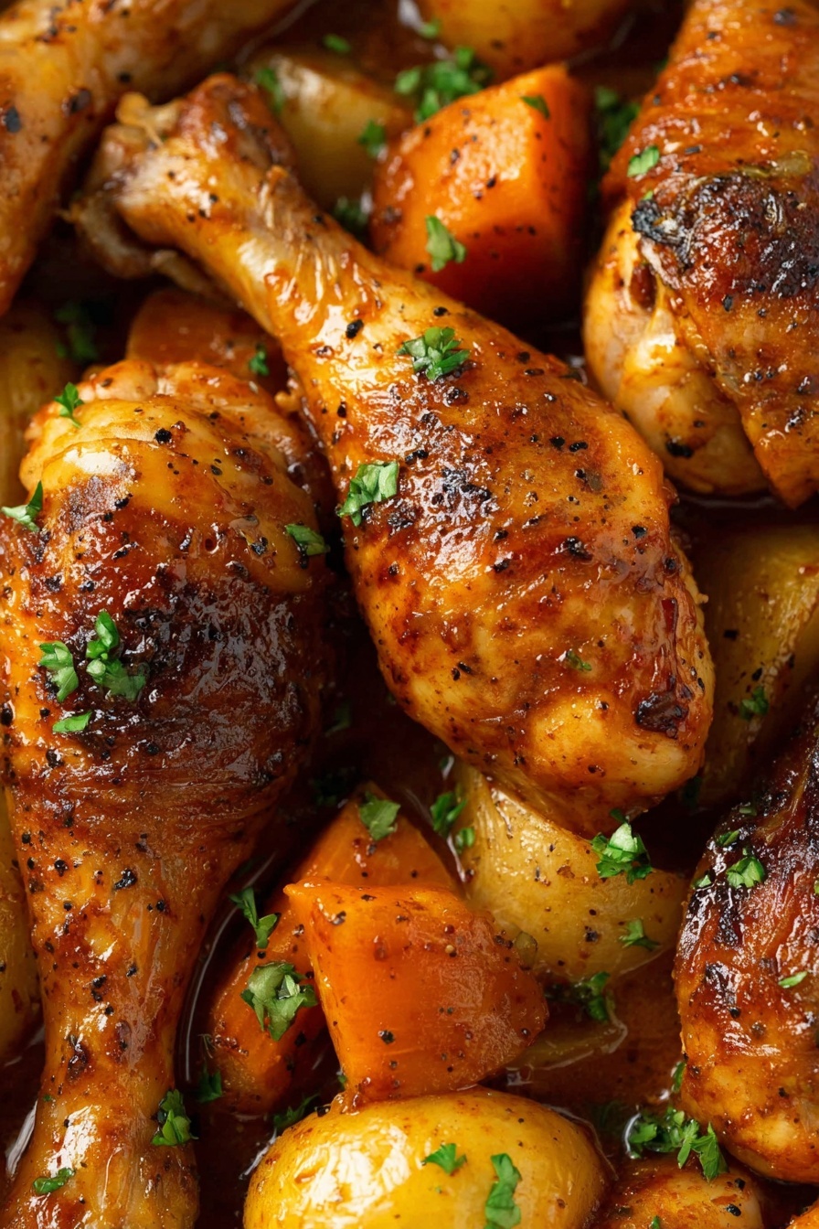 Baked Chicken Leg Meal with Vegetables Recipe 8 The image shows several pieces of cooked chicken drumsticks and thighs with a shiny, brownish-orange sauce coating them. Scattered among the chicken are chunks of carrots and potatoes that have a soft, slightly browned look. Some small green leaves of parsley are sprinkled on top as garnish. The textures are moist and tender with a slight char on some chicken pieces, giving a rustic and well-cooked feel. The food is close-up and fills the entire frame, creating a warm, hearty appearance. photo taken with an iphone --ar 2:3 --v 7 - Baked Chicken Leg Meal with Vegetables, easy chicken dinner, one-pan chicken and vegetables, hearty baked chicken recipe, flavorful roasted chicken meal