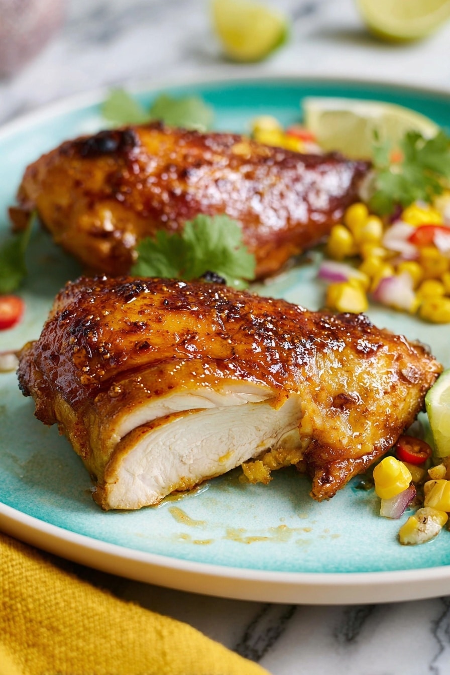 Easy Pollo Asado Recipe 6 The image shows two roasted chicken pieces on a white plate with a turquoise inner surface. The front chicken piece has a shiny golden-brown skin with a slightly crisp texture and a juicy, white inside visible where it is sliced. Behind this piece, there is another browned chicken piece with a rich, caramelized surface. Around the chicken are small pieces of light yellow lemon wedges and bright green cilantro leaves. To the side, there is a small mix of diced corn kernels, white onions, and red peppers. The plate rests on a white marbled surface, with part of a yellow cloth visible at the bottom left. photo taken with an iphone --ar 2:3 --v 7 - Easy Pollo Asado, flavorful chicken marinade, grilled chicken recipe, oven roasted pollo asado, quick chicken dinner