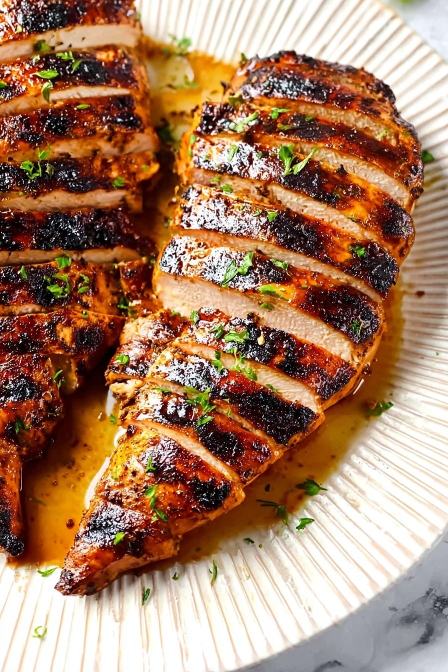 Juicy Grilled Chicken Marinade Recipe 6 The image shows two large pieces of sliced grilled chicken placed on a white plate with a ridged pattern. Each piece has about seven to eight thick slices revealing the cooked, juicy inside with a light brown color. The outside of the chicken has a dark golden brown, slightly charred skin with visible grill marks and a shiny, glazed texture. Small green herbs are scattered on top, adding a fresh touch. A light sauce or juice with herbs pools slightly around the chicken on the plate. The plate is set on a white marbled surface. photo taken with an iphone --ar 2:3 --v 7 - Juicy Grilled Chicken Marinade, grilled chicken marinade recipe, best grilled chicken marinade, chicken marinade for grilling, flavorful chicken marinade