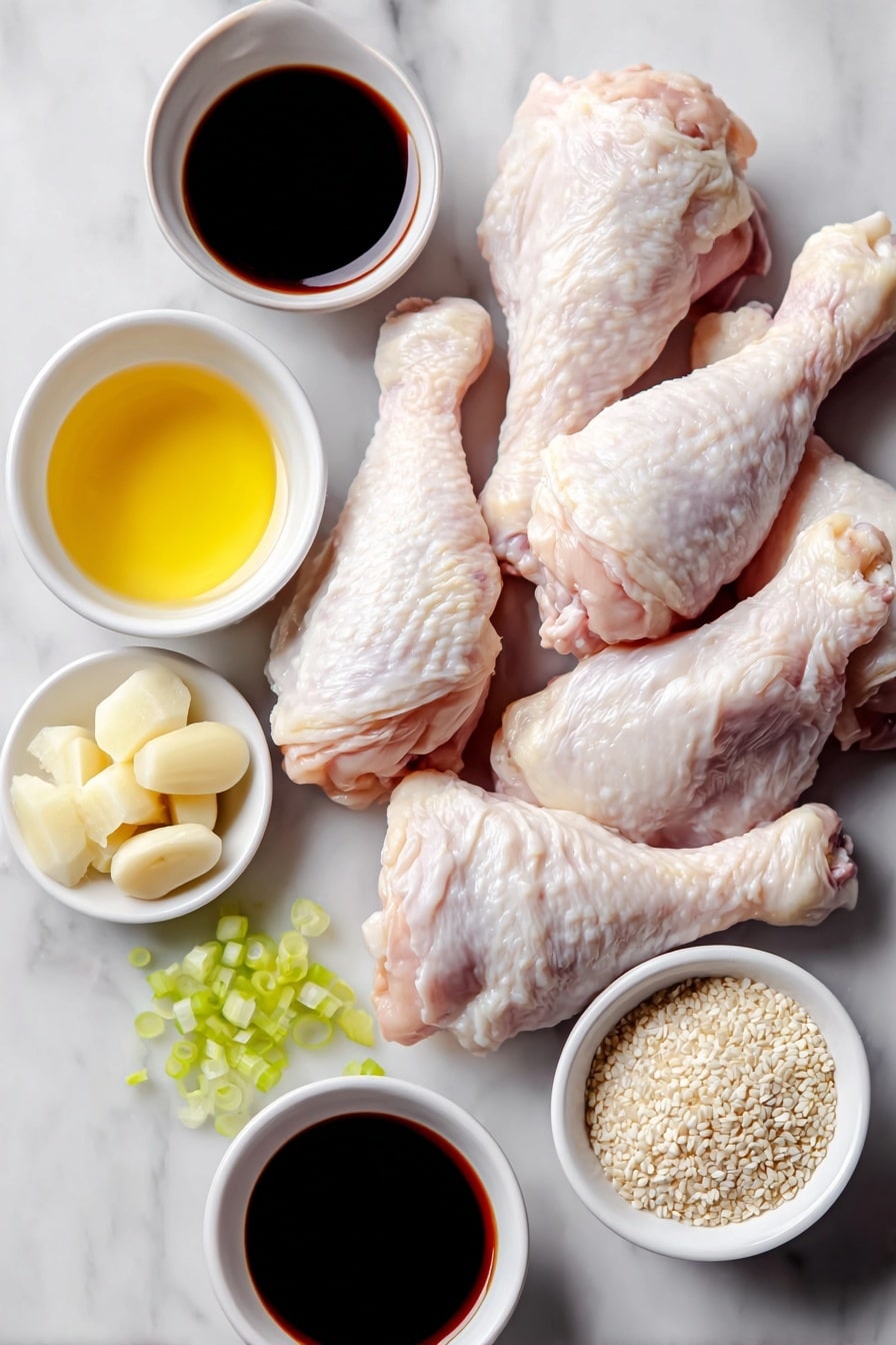 Honey Soy Baked Chicken Drumsticks Recipe 7 Flat lay of ten fresh raw chicken drumsticks, a small white bowl of golden honey, a small white bowl of dark soy sauce, a small white bowl of amber sesame oil, four peeled garlic cloves, a small pile of minced fresh ginger, a small white bowl of coarse salt and freshly cracked black pepper, a small white bowl of toasted sesame seeds, two bright green diced scallions scattered neatly beside the bowls, placed on a clean white marble surface, soft natural light, photo taken with an iPhone, professional food photography style, fresh ingredients, white ceramic bowls, no bottles, no duplicates, no utensils, no packaging --ar 2:3 --v 7 --p m7354615311229779997 - Honey Soy Baked Chicken Drumsticks, baked chicken drumsticks, honey soy glaze chicken, easy chicken drumstick recipes, flavorful baked chicken