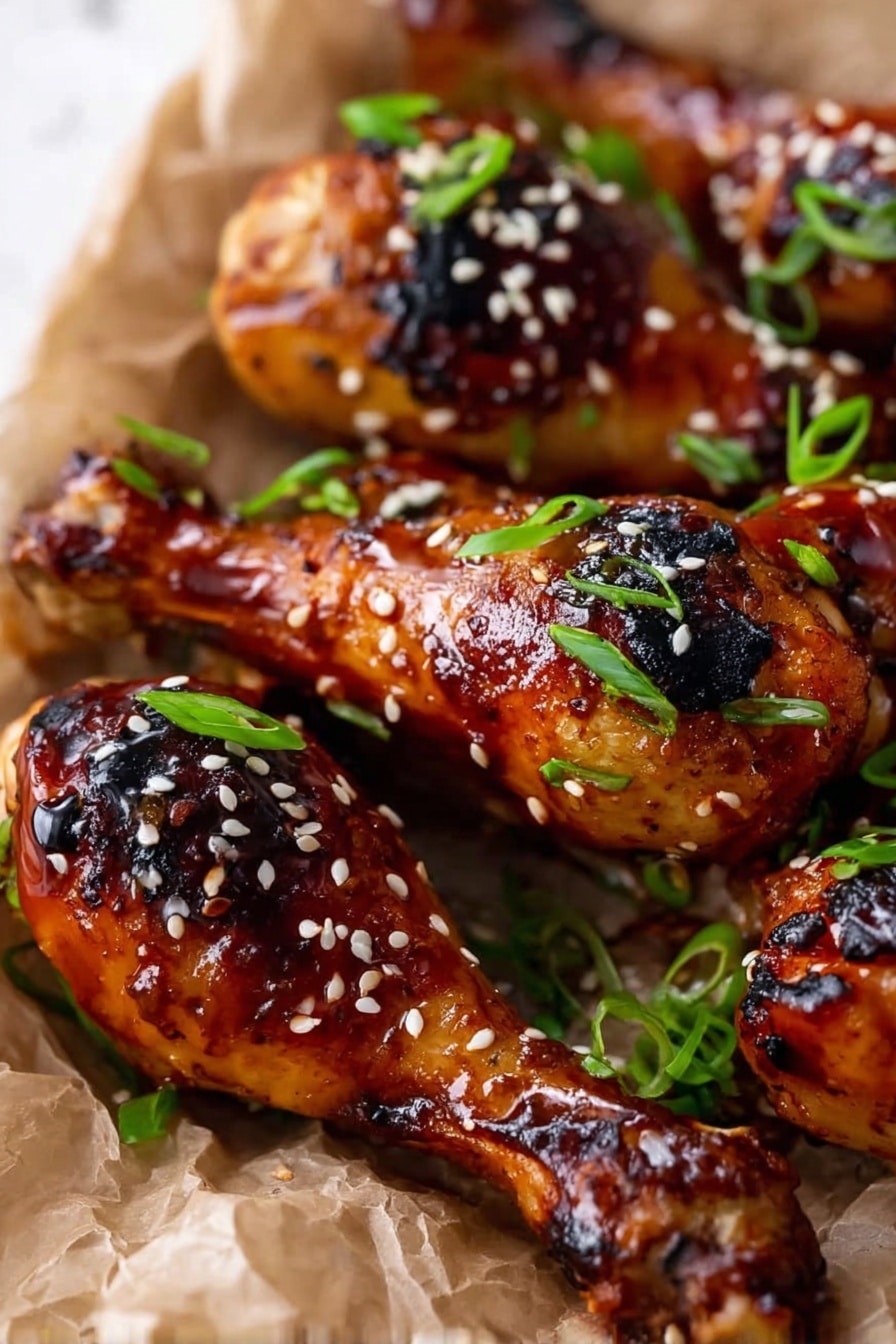 Honey Soy Baked Chicken Drumsticks Recipe 8 A close-up view of several grilled chicken drumsticks with a shiny, dark brown glaze and charred spots on the skin. The drumsticks are topped with white sesame seeds and sliced green onions scattered over them. They rest on crumpled parchment paper. The background is a white marbled surface photo taken with an iphone --ar 2:3 --v 7 - Honey Soy Baked Chicken Drumsticks, baked chicken drumsticks, honey soy glaze chicken, easy chicken drumstick recipes, flavorful baked chicken