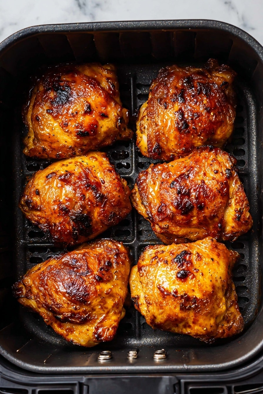 Air Fryer BBQ Chicken Thighs Recipe 6 The image shows six pieces of cooked chicken thighs arranged neatly in two rows inside a black air fryer tray. Each piece has a crispy golden-brown skin with darker charred spots, giving a textured look of roasted and slightly caramelized meat. The chicken pieces are plump and juicy with a shiny, glazed surface that suggests a flavorful coating. The tray has small perforations visible beneath the chicken. The photo background is a white marbled texture. photo taken with an iphone --ar 2:3 --v 7 - Air Fryer BBQ Chicken Thighs, easy BBQ chicken, crispy chicken thighs, quick air fryer chicken, juicy BBQ chicken recipe