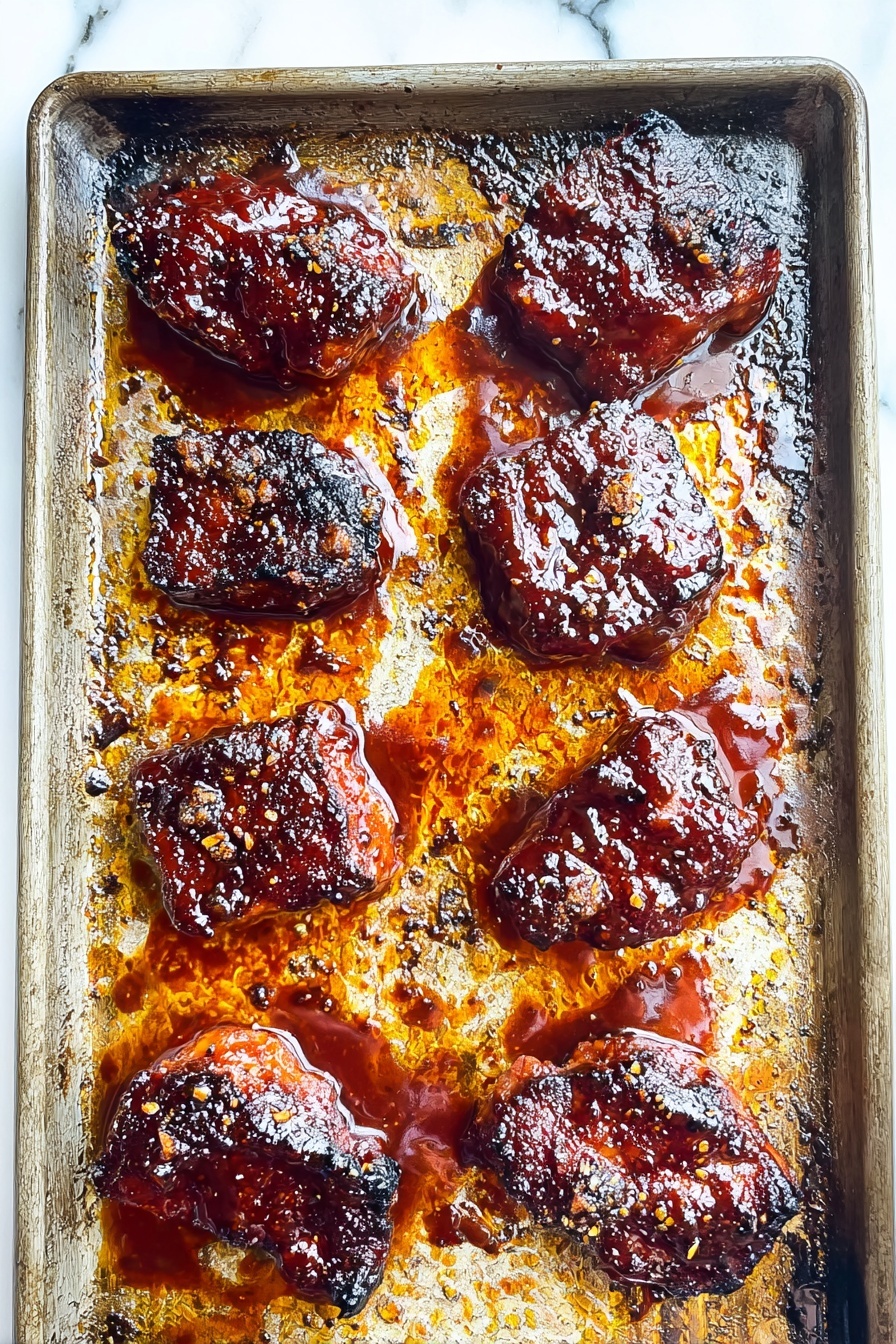 Oven BBQ Chicken Thighs Recipe 6 The image shows a baking tray with eight pieces of cooked meat glazed with a shiny, dark reddish sauce. Each piece of meat is placed in its own square section on the tray, and the sauce looks thick and sticky, covering the tops mostly. The tray underneath shows browned and slightly burnt spots with orange oily residues around each meat piece. The meat has a rough texture with some charred edges, contrasting with the smooth glaze. The background is a white marbled texture. photo taken with an iphone --ar 2:3 --v 7 - Oven BBQ Chicken Thighs, BBQ chicken recipe, grilled chicken thighs, easy chicken dinner, flavorful oven chicken