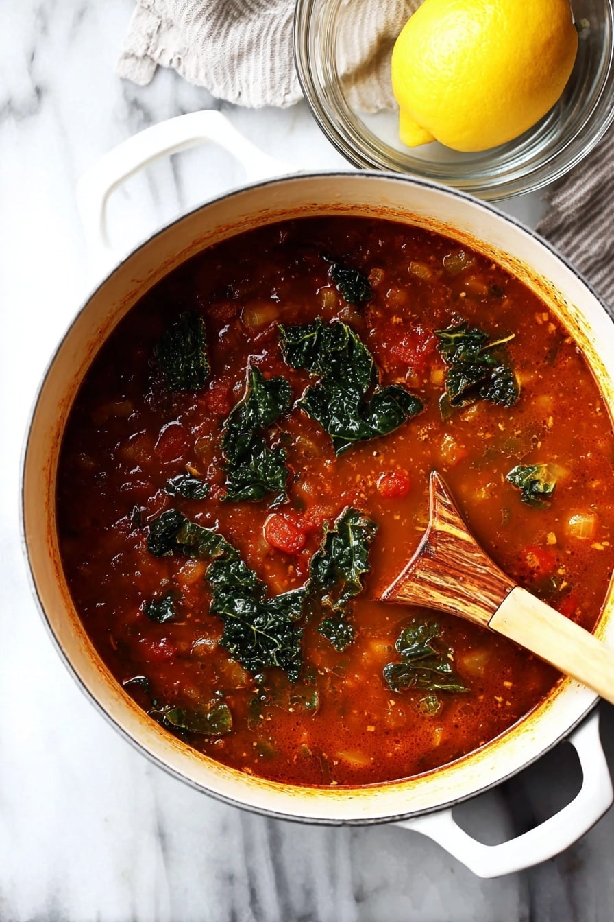 Mediterranean Lentil Soup Recipe 8 A large white pot is filled with a rich, thick reddish-brown soup that has visible chunks of vegetables like tomatoes and celery in the base layer. On top, scattered dark green kale leaves add texture and color contrast. A black and light wood spoon rests inside the pot, angled on the right side, partially submerged. The pot sits on a white marbled surface. Nearby, a clear glass bowl holds a whole yellow lemon above a half-squeezed lemon lying beside it. photo taken with an iphone --ar 2:3 --v 7 - Mediterranean Lentil Soup, healthy lentil soup, Mediterranean soup recipes, vegetarian lentil soup, hearty healthy soup
