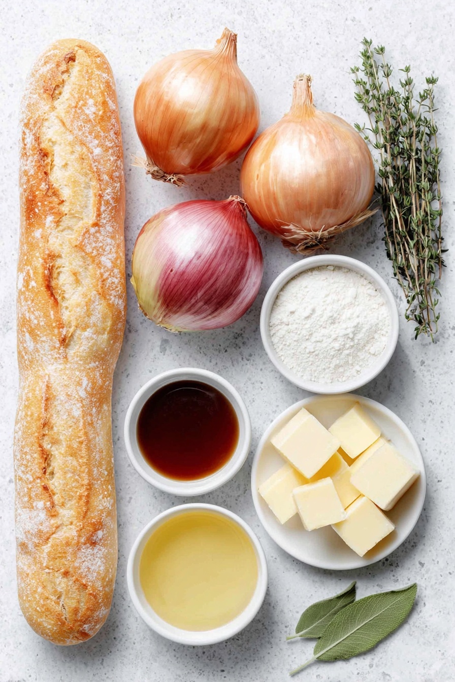 Classic Caramelized Onion Soup with Cheese Toast Recipe 7 Flat lay of four large yellow onions with golden skins, two large sweet Vidalia onions with pale purple and yellow hues, a chunk of creamy butter, two fresh thyme sprigs with tiny green leaves, two glossy green bay leaves, a small white bowl of pale dry white wine, a small white bowl holding fine white flour, a small white bowl filled with rich beef broth, a small white bowl of golden chicken broth, a small white bowl containing deep brown Worcestershire sauce, a whole uncut rustic baguette with a golden crust, a small white bowl of golden olive oil, six slices of pale-yellow Gruyere cheese shaped in neat rectangles, all arranged with perfect symmetry on a clean white marble surface, soft natural light, photo taken with an iPhone, professional food photography style, fresh ingredients, white ceramic bowls, no bottles, no duplicates, no utensils, no packaging --ar 2:3 --v 7 --p m7354615311229779997 - Classic Caramelized Onion Soup with Cheese Toast, French Onion Soup with Cheese Toast, caramelized onion soup recipe, cheese toast topping soup, comforting French onion soup