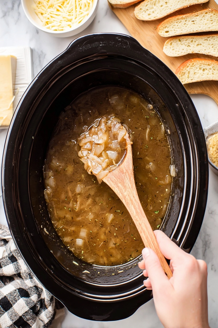Slow Cooker French Onion Soup Recipe 8 A black slow cooker filled with light brown onion soup liquid with small pieces of translucent cooked onions floating in it. A woman's hand is holding a wooden spoon above the soup, scooping up the onions and broth, showing the texture of the onions and some herbs mixed in. Surrounding the slow cooker on a white marbled surface are slices of toasted bread to the upper right, thin pale yellow slices of cheese to the upper left, a small white bowl with shredded cheese above the slow cooker, and a folded checkered towel under the slow cooker’s left side. Photo taken with an iphone --ar 2:3 --v 7 - Slow Cooker French Onion Soup, French Onion Soup Recipe, Easy French Onion Soup, Homemade Onion Soup, Slow Cooker Soup Recipes