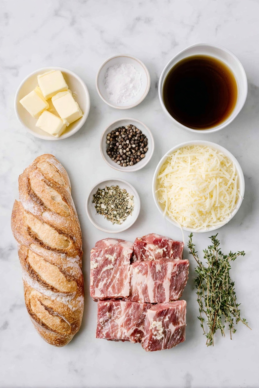 Instant Pot French Onion Soup Recipe 7 Flat lay of two tablespoons of butter, a pile of thinly sliced yellow onions, a small white bowl of coarse salt, a small white bowl of black peppercorns, a small white bowl of dried thyme leaves, a small white bowl of flour, a small white bowl filled with deep red wine, a simple white ceramic bowl of rich beef broth, six fresh baguette slices with a crusty golden exterior, a small mound of grated Gruyere cheese—all arranged in perfect symmetry on a clean white marble surface, soft natural light, photo taken with an iPhone, professional food photography style, fresh ingredients, white ceramic bowls, no bottles, no duplicates, no utensils, no packaging --ar 2:3 --v 7 --p m7354615311229779997 - Instant Pot French Onion Soup, French Onion Soup, Instant Pot Onion Soup, Easy French Onion Soup, Quick French Onion Soup