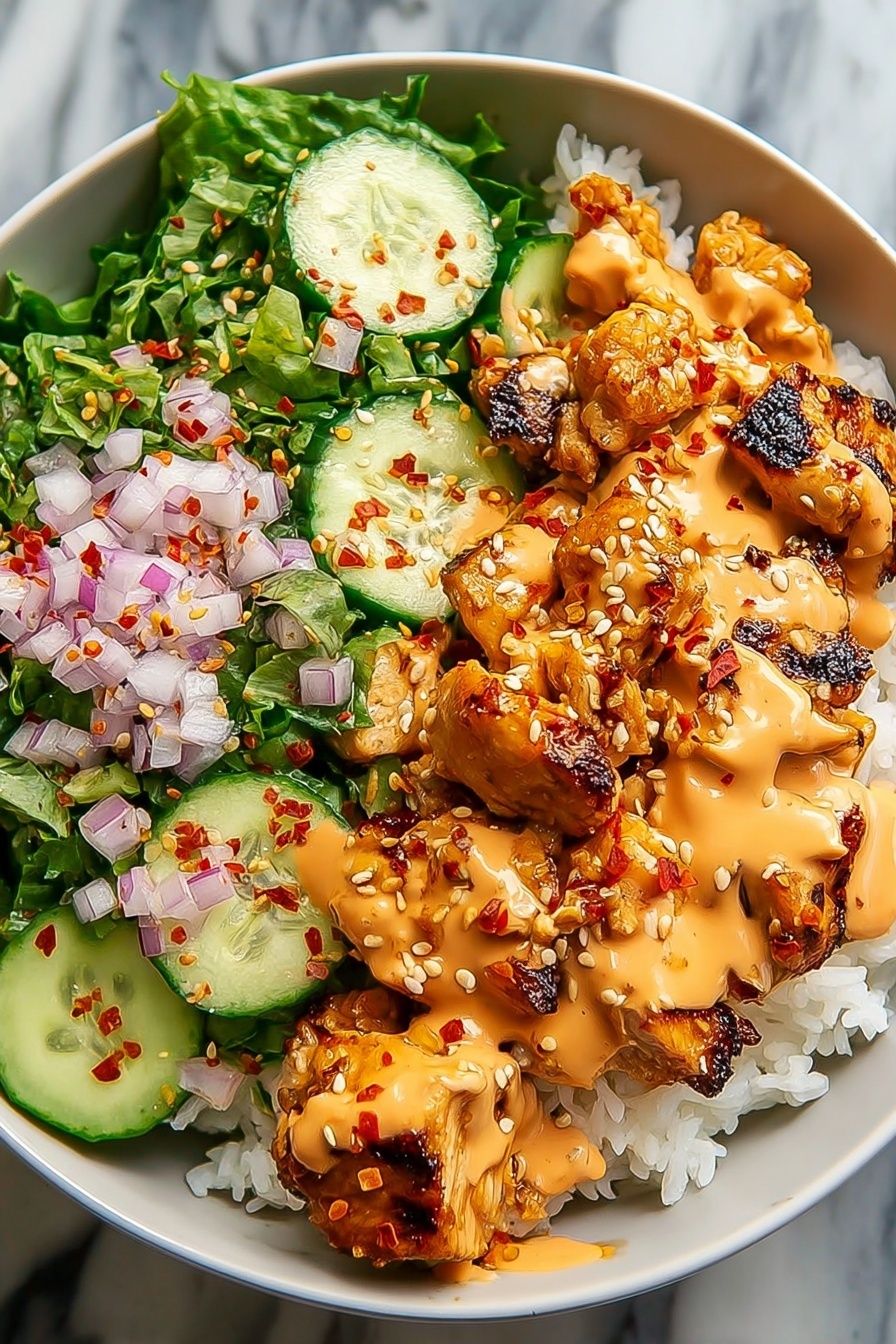 Bang Bang Chicken Bowl with Spicy Mayo Recipe 6 A white bowl filled with three main layers: the bottom layer is white steamed rice, on the right side the middle layer shows golden-brown grilled chicken pieces covered in a thick light orange creamy sauce with some red chili flakes and sesame seeds sprinkled on top, and on the left side, fresh green lettuce forms the base for thinly sliced cucumber, small diced red onion, and a drizzle of the same creamy sauce with more chili flakes and sesame seeds scattered over. The bowl sits on a white marbled surface. Photo taken with an iphone --ar 2:3 --v 7 - Bang Bang Chicken Bowl with Spicy Mayo, spicy chicken bowl recipes, easy Asian chicken bowl, flavorful chicken rice bowls, quick spicy mayo recipes