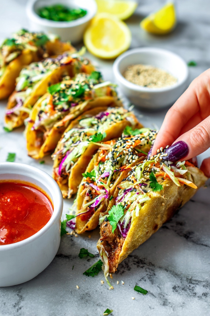 Chicken Wonton Tacos with Asian Slaw Recipe 6 A row of small tacos arranged diagonally on a white marbled surface shows several layers: a golden crispy shell holding a filling of brown cooked meat, topped with a colorful slaw of green, purple, and orange shredded vegetables and bits of fresh green cilantro sprinkled with black and white sesame seeds. Small white bowls with sesame seeds and chopped herbs sit in the background along with cut lemon wedges. In the foreground, a woman's hand with purple nail polish dips a taco into a white bowl filled with bright red sauce. The photo taken with an iphone --ar 2:3 --v 7 - Chicken Wonton Tacos with Asian Slaw, Asian-inspired taco recipes, crispy wonton tacos, easy chicken taco ideas, flavorful Asian slaw toppings