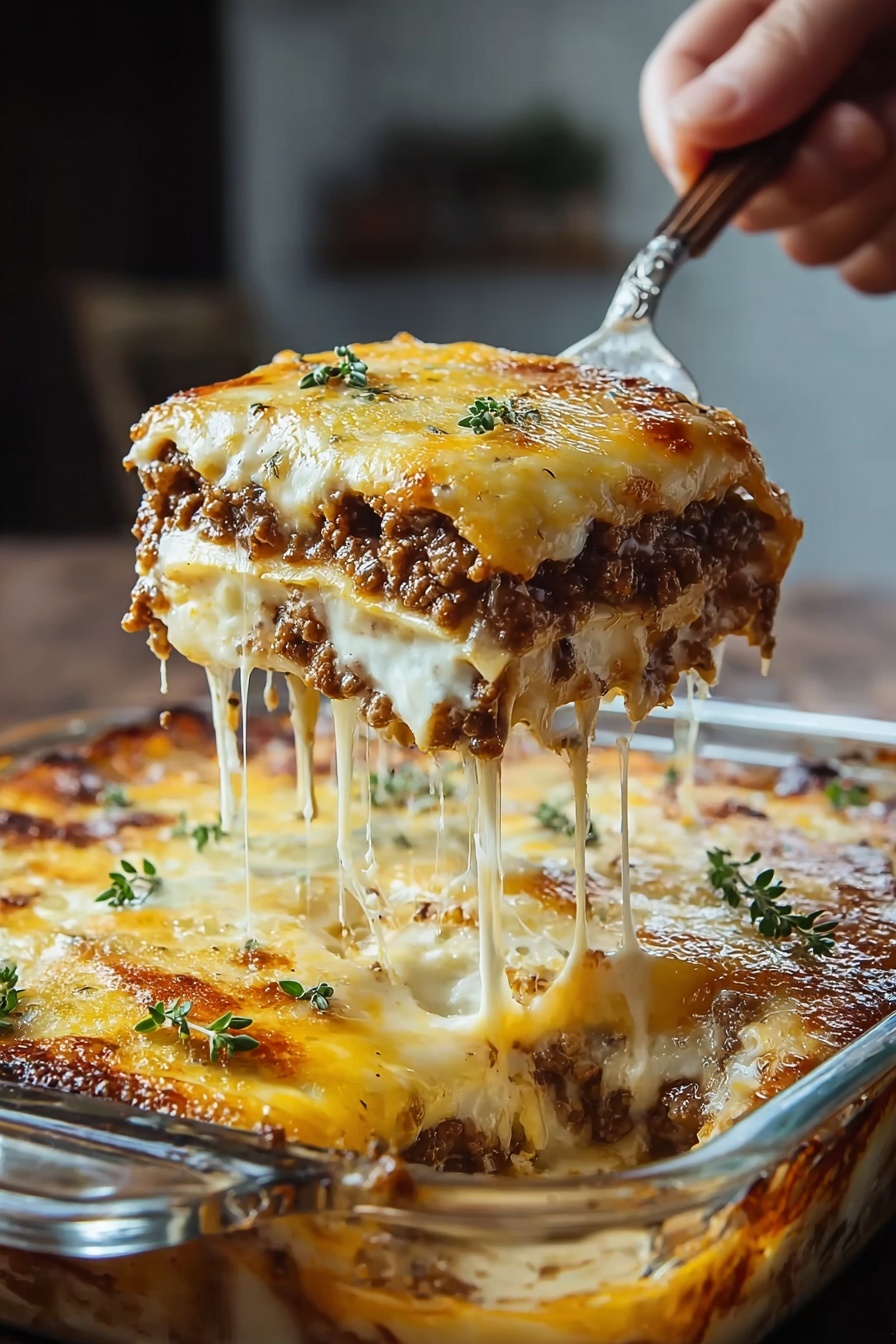 Beef Taco Casserole with Biscuit Topping Recipe 6 A close-up view of a square glass dish filled with three layers of lasagna. The bottom layer is a creamy white sauce, the middle layer is a rich, dark brown ground meat, and the top layer is melted golden-yellow cheese with light brown spots, garnished with small green herb leaves. A woman's hand lifts one slice with a fork, showing gooey melted cheese stretching down to the dish, with a white marbled surface beneath it. Photo taken with an iphone --ar 2:3 --v 7 - Beef Taco Casserole with Biscuit Topping, easy beef casserole recipes, taco casserole with biscuit crust, hearty weeknight dinner ideas, comfort food casserole