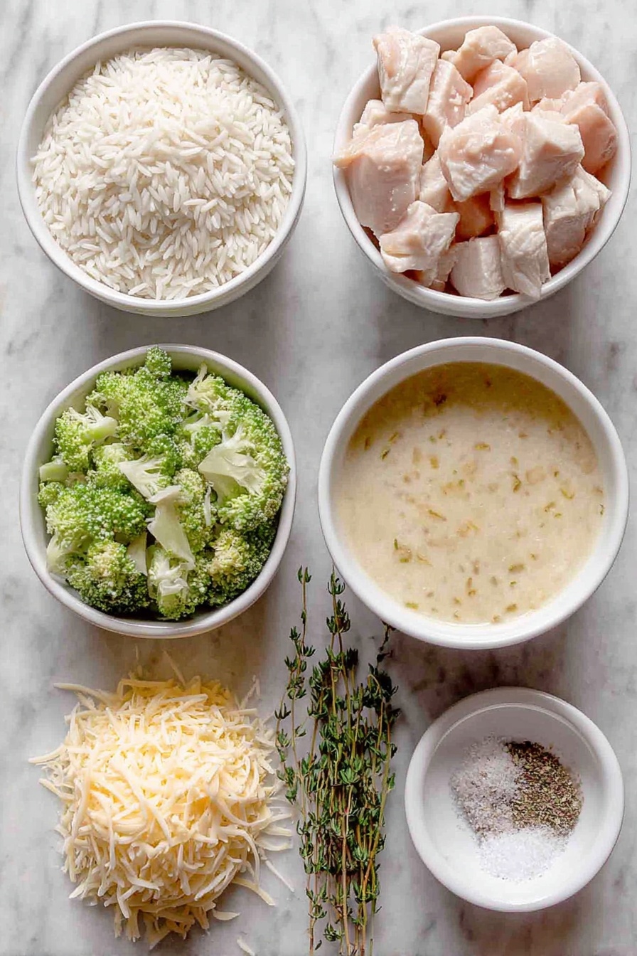 Easy Chicken Broccoli Rice Casserole Recipe 7 Flat lay of a small bowl of uncooked long grain white rice, a few diced raw boneless, skinless chicken breasts, a small white bowl filled with creamy condensed chicken soup, a small white bowl of golden chicken broth, bright green baby broccoli florets, a small mound of grated sharp cheddar cheese, a few sprigs of fresh parsley and thyme, a small white bowl with coarse kosher salt, and a small white bowl with ground black pepper, all arranged symmetrically on a clean white marble surface, soft natural light, photo taken with an iPhone, professional food photography style, fresh ingredients, white ceramic bowls, no bottles, no duplicates, no utensils, no packaging --ar 2:3 --v 7 --p m7354615311229779997 - Easy Chicken Broccoli Rice Casserole, chicken broccoli rice bake, simple chicken and broccoli casserole, quick dinner recipes, hearty rice casserole