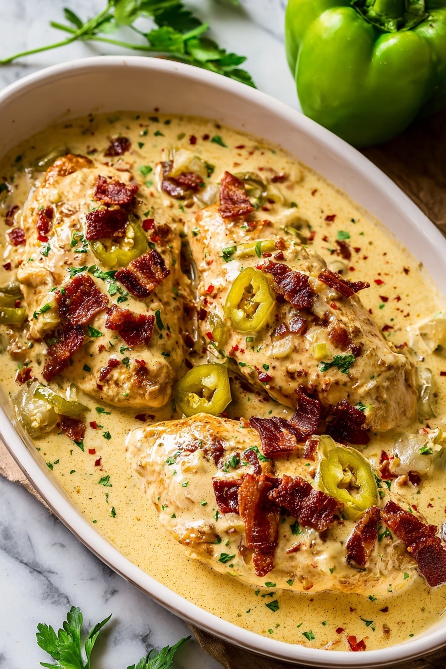 Das Bild zeigt drei Hähnchenstücke in einem weißen ovalen Gericht, gefüllt mit cremiger, blassgelber Soße und einer glatten, dicken Textur. Die Hähnchenstücke sind teilweise von der Soße bedeckt, die kleine Stücke grüner Kräuter und rote Gewürze enthält, die überall verteilt sind. Auf dem Hähnchen liegen knusprige, dunkelbraune Speckstücke und leuchtend grüne Paprikascheiben, die Farbe und Textur kontrastieren. Das Gericht steht auf einer weiß marmorierten Oberfläche mit einer ganzen leuchtend grünen Paprika und einigen grünen Kräutern in der Nähe, was der Szene Frische verleiht. Foto aufgenommen mit einem iPhone --ar 2:3 --v 7 - Cremiges Pepperoncini-Hähnchen, schnelle Hähnchen-Abendessen-Rezepte, Rezepte für säuerliches Hähnchen, einfaches Hähnchen unter der Woche, geschmackvolle Hähnchengerichte